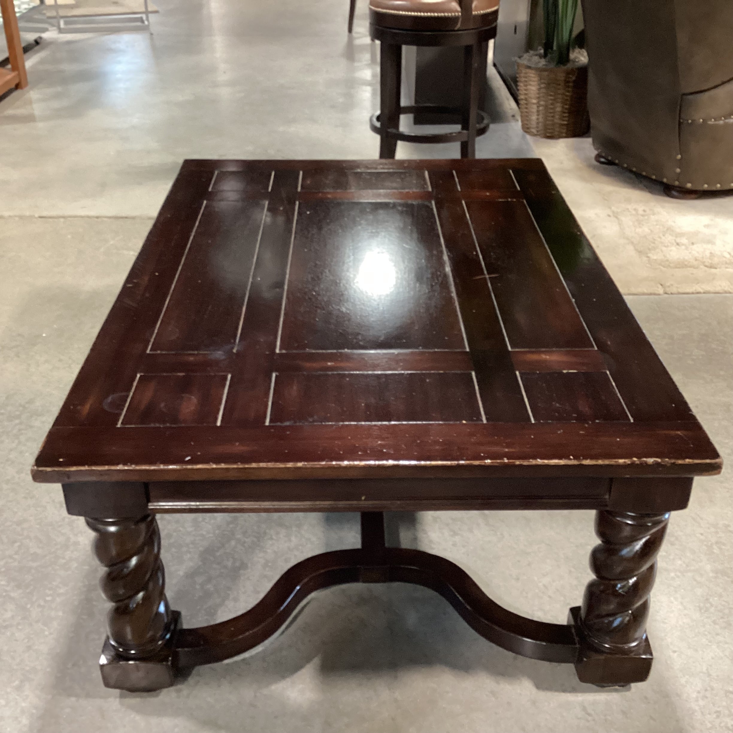 South Cone Dark Finished Carved Wood Spiral Detail with Trestle Coffee Table 54"x 38"x 20"