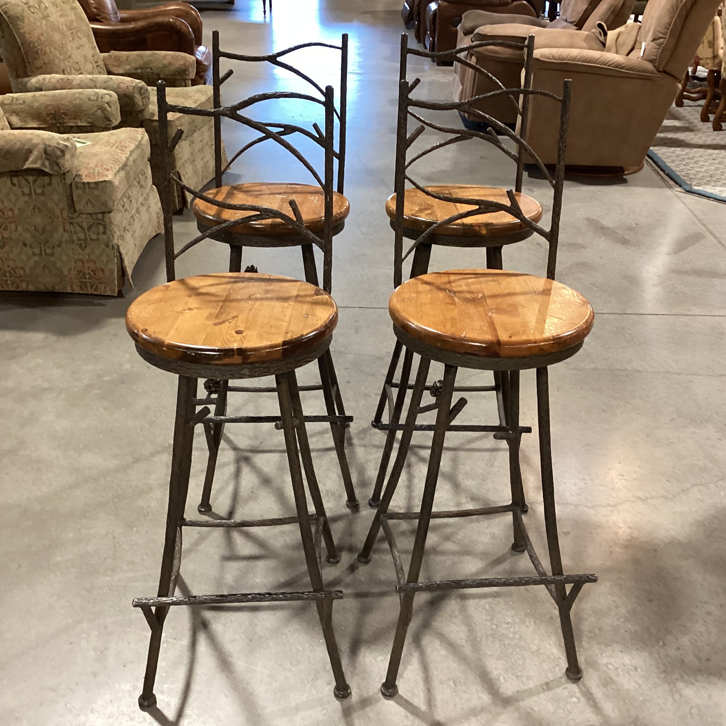SET of 4 Pinecone & Branch Iron Solid Wood Swivel Seat Barstools 31"