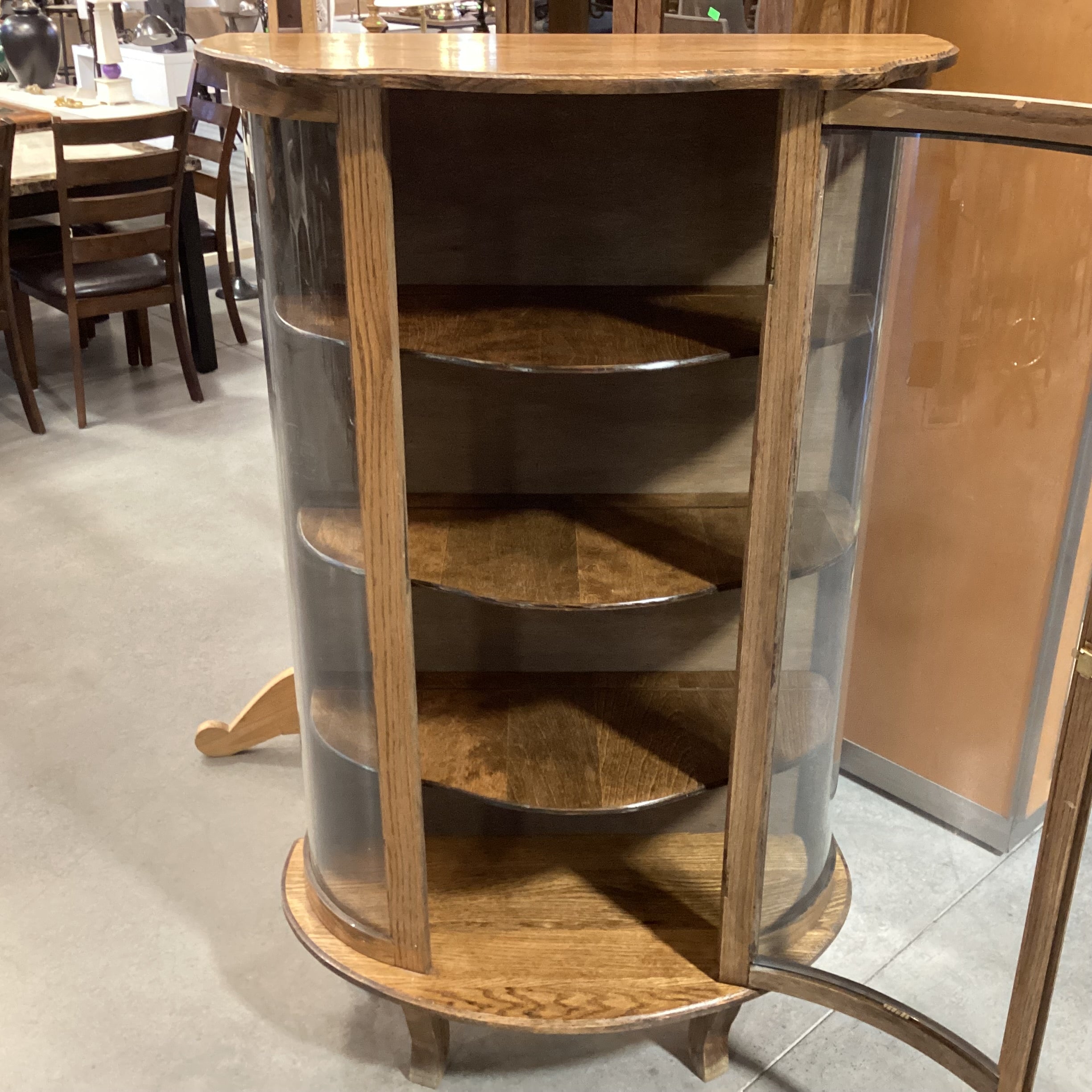 Antique Oak & Glass Curved Front with Shelves & 1 Door Display Hutch 35"x 16"x 58"