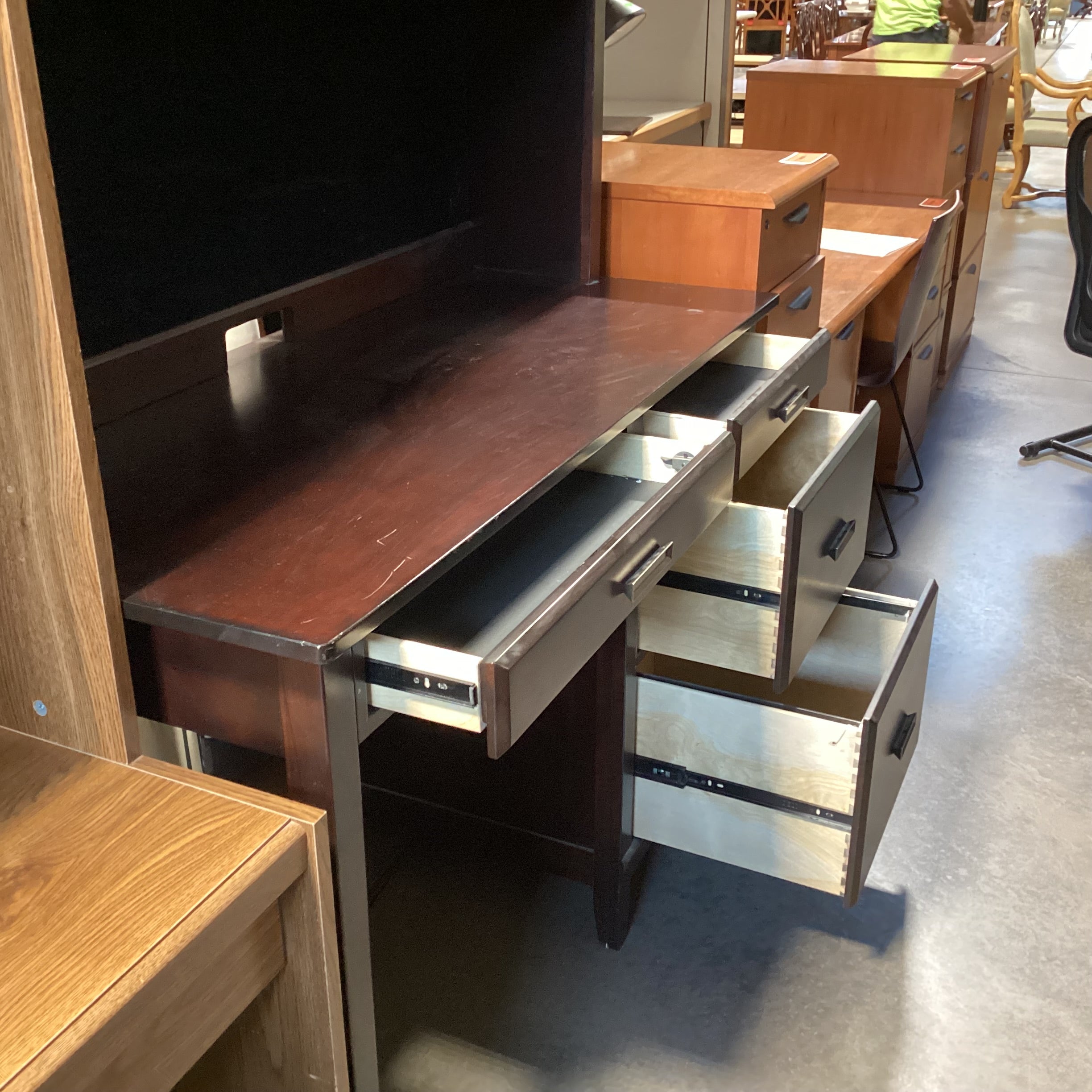 Solid Dark Wood Desk with 3 Drawers and Over Head Display Case 52"x 24"x 71"