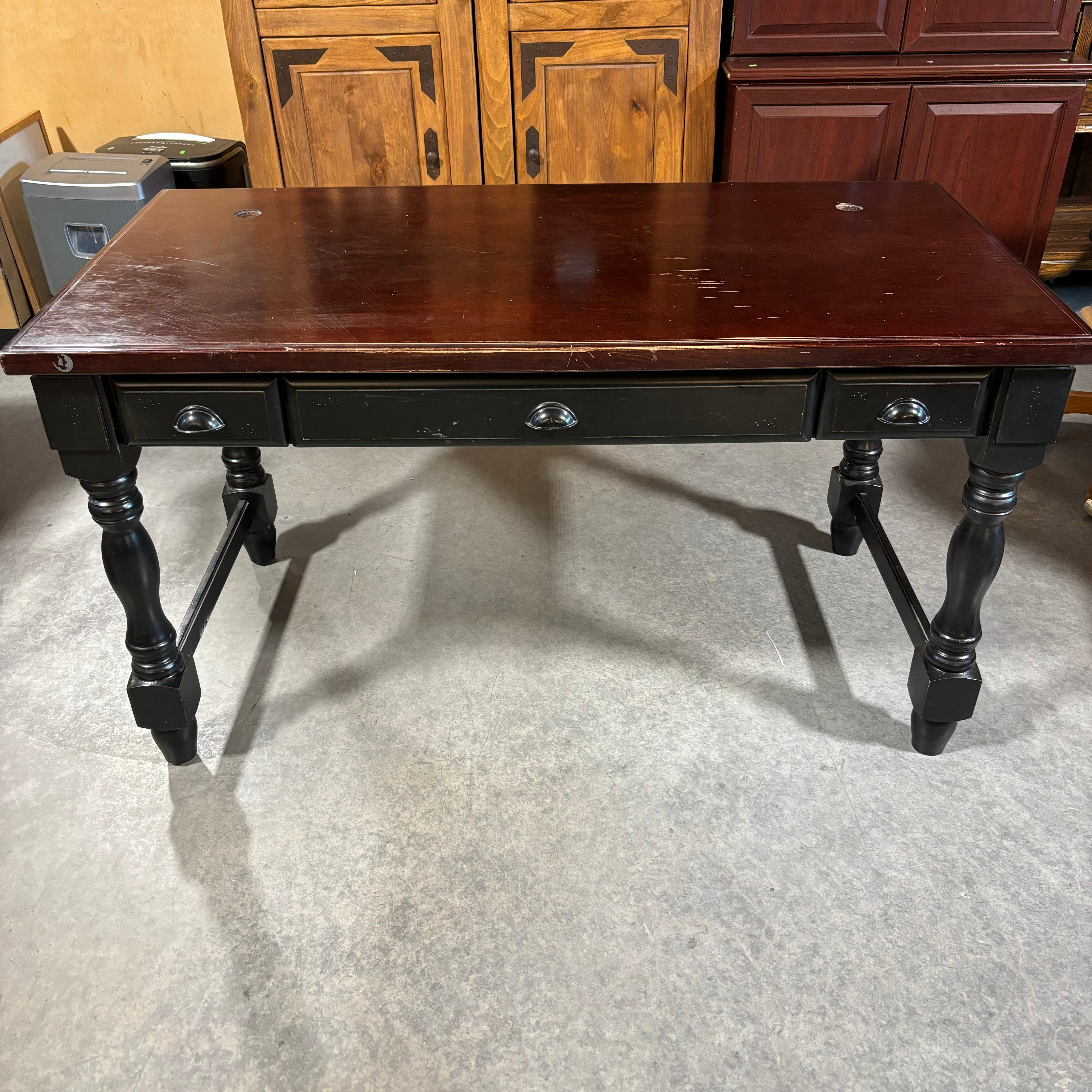 Dark Cherry Finish Top with Solid Black Wood Base 2 Drawer & Center Pullout Desk 58"x 30"x 31"