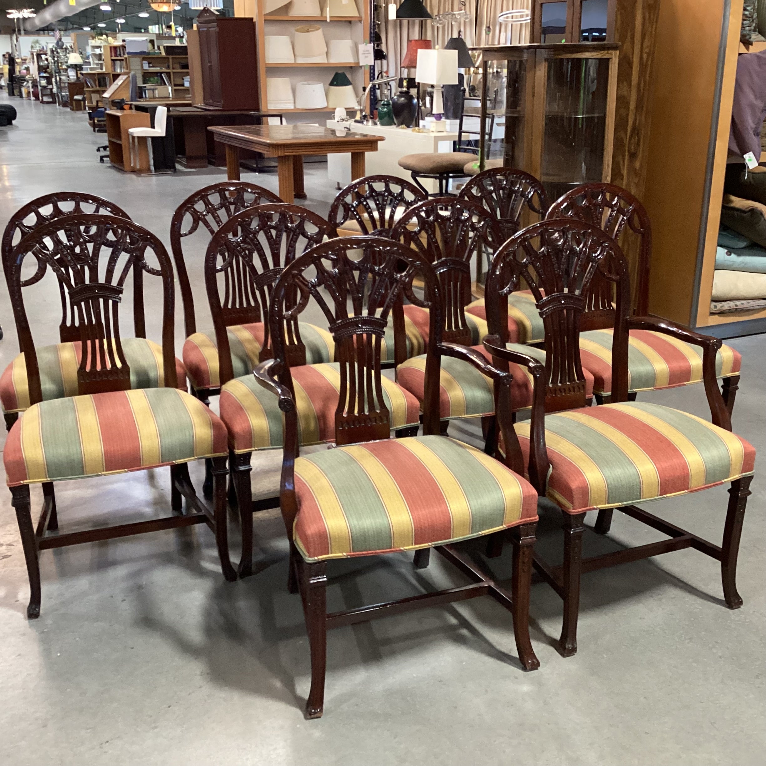 SET of 10 Ornate Carved Finished Wood & Gold Burnt Orange Sage Woven Stripe Dining Chairs 22"x 22"x 39"