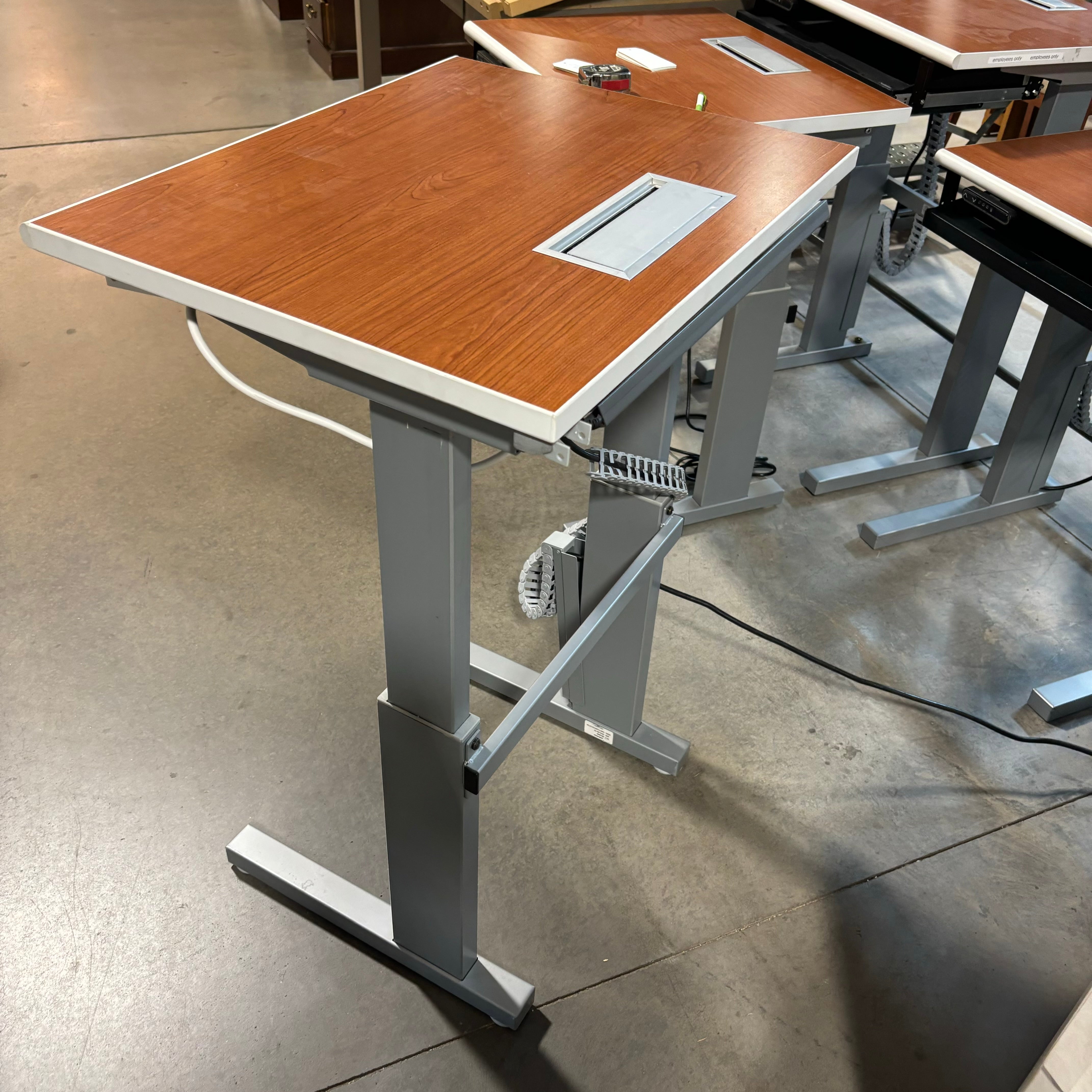 LINAK Dark Wood Veneer with Steel Base Adjustable Sit to Stand Desk 28"x 24"x 27" to 43"