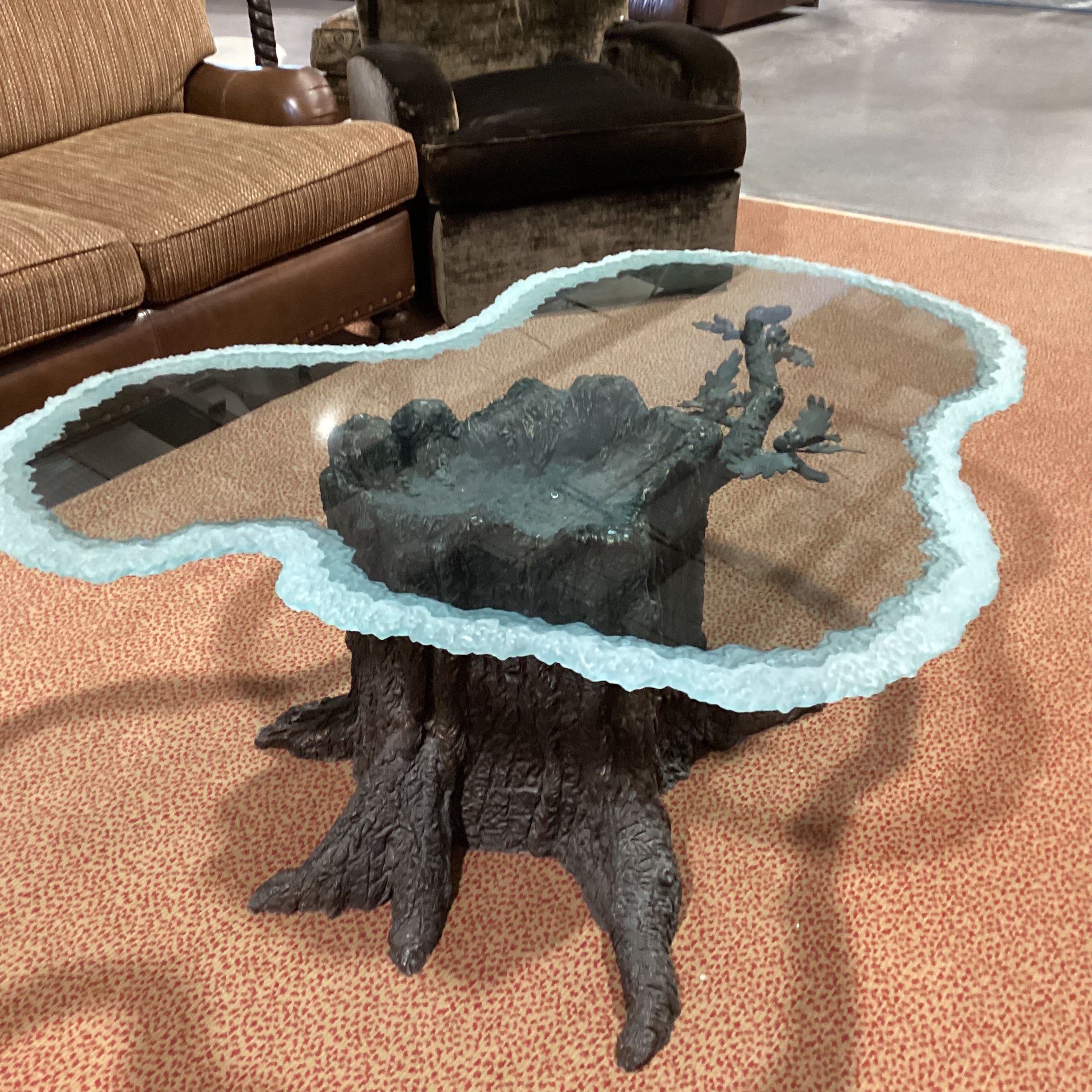 Kevin Clark Resin Cast & Iron Acorn Leaf Tree Trunk with Frosted Live Edge Glass Coffee Table 55"x 48"x20"