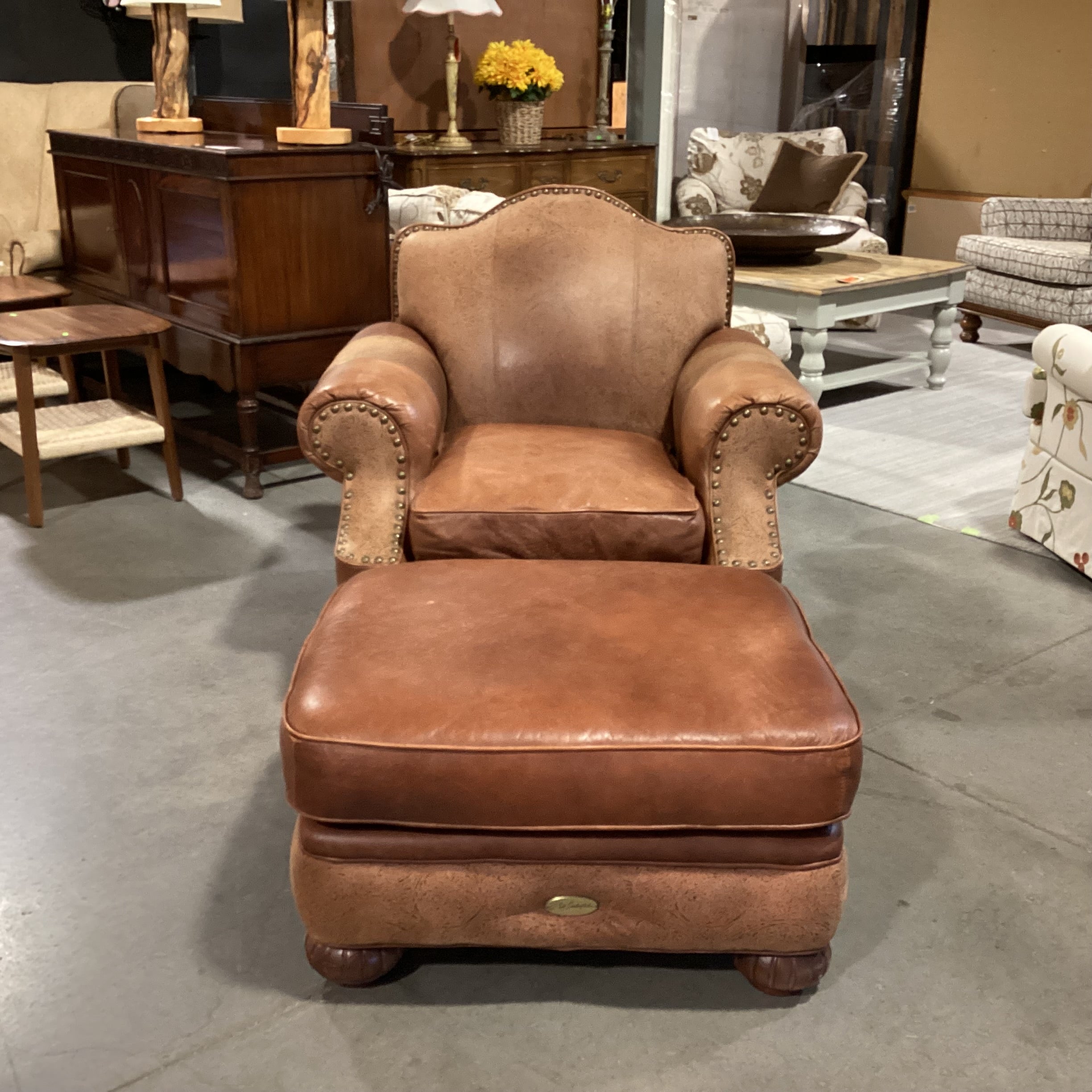 Bab Timberlake for Lexington Leather Nailhead Embossed Detail with Ottoman Chair 39"x 39"x 36"