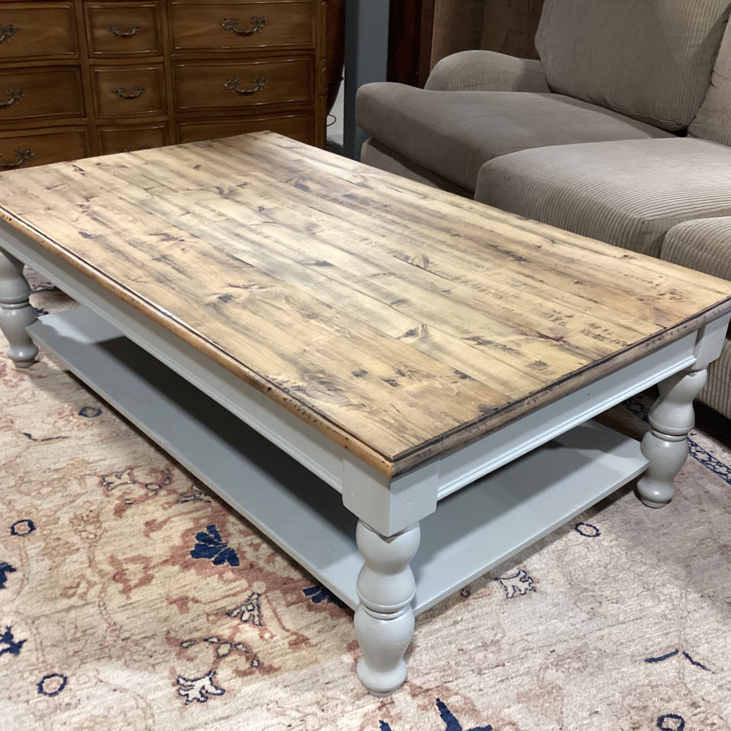 Rustic Distressed Plank Top & Dove Grey Carved Wood Coffee Table 60"x 36"x 19"