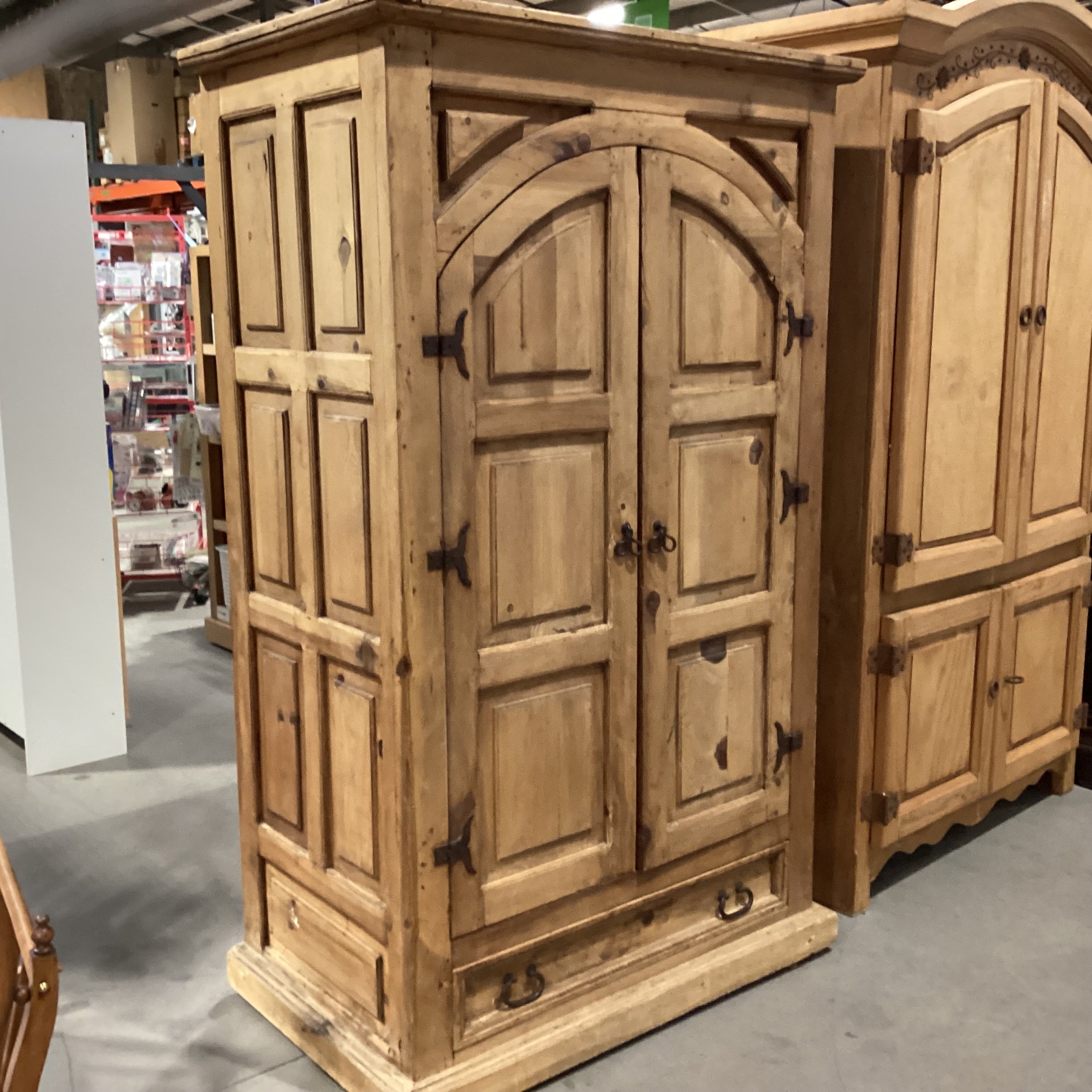 Rustic Pine with Carved Panel Detail 2 Door with Bottom Drawer Armoire 43"x 26.5"x 72"