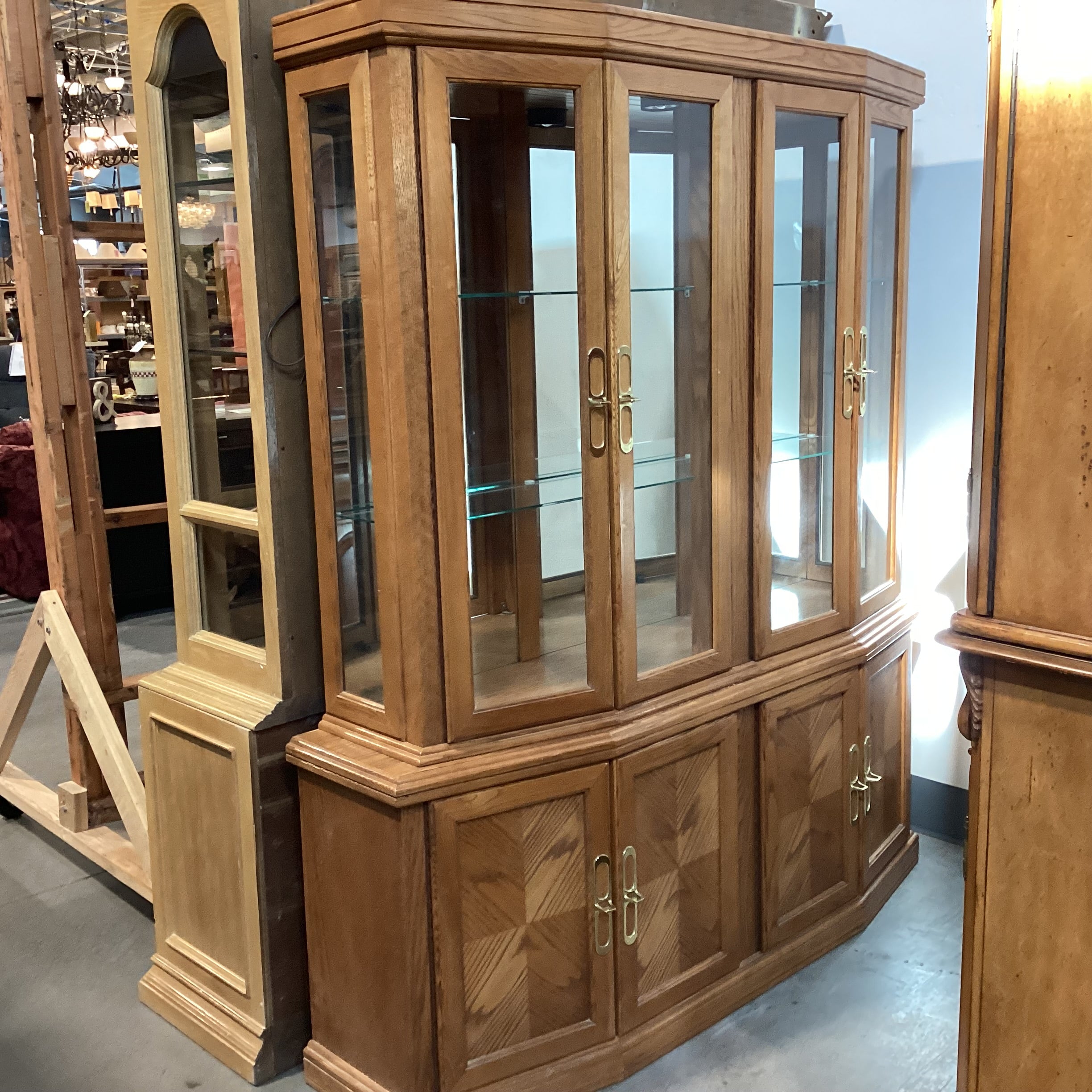 Oak Veneer Wood & Glass 8 Door & Shelves 2 Piece China Hutch 64"x 17"x 75"