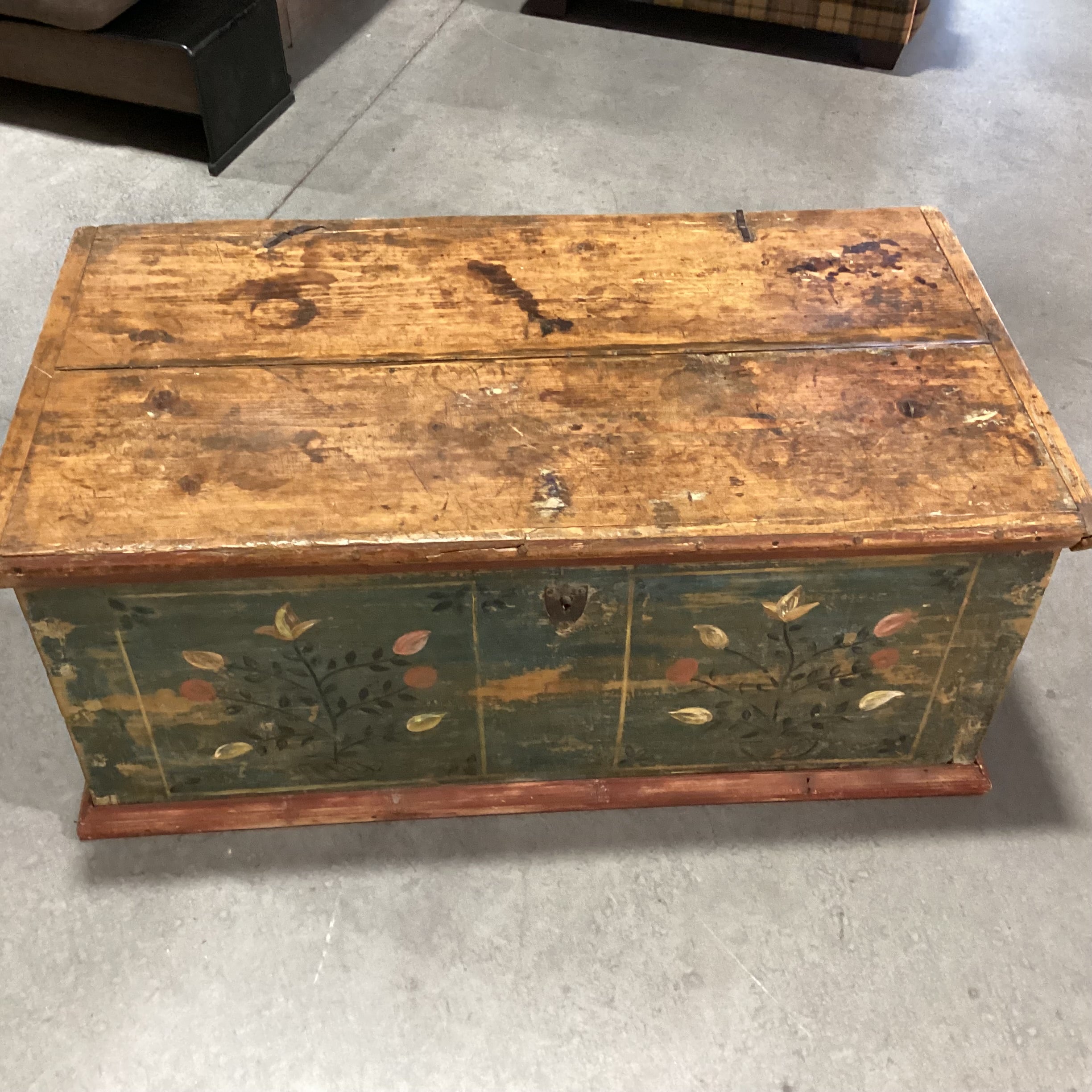 Antique Carved Wood with Hand Painted Floral Panel Trunk 42.5"x 23"x 18"