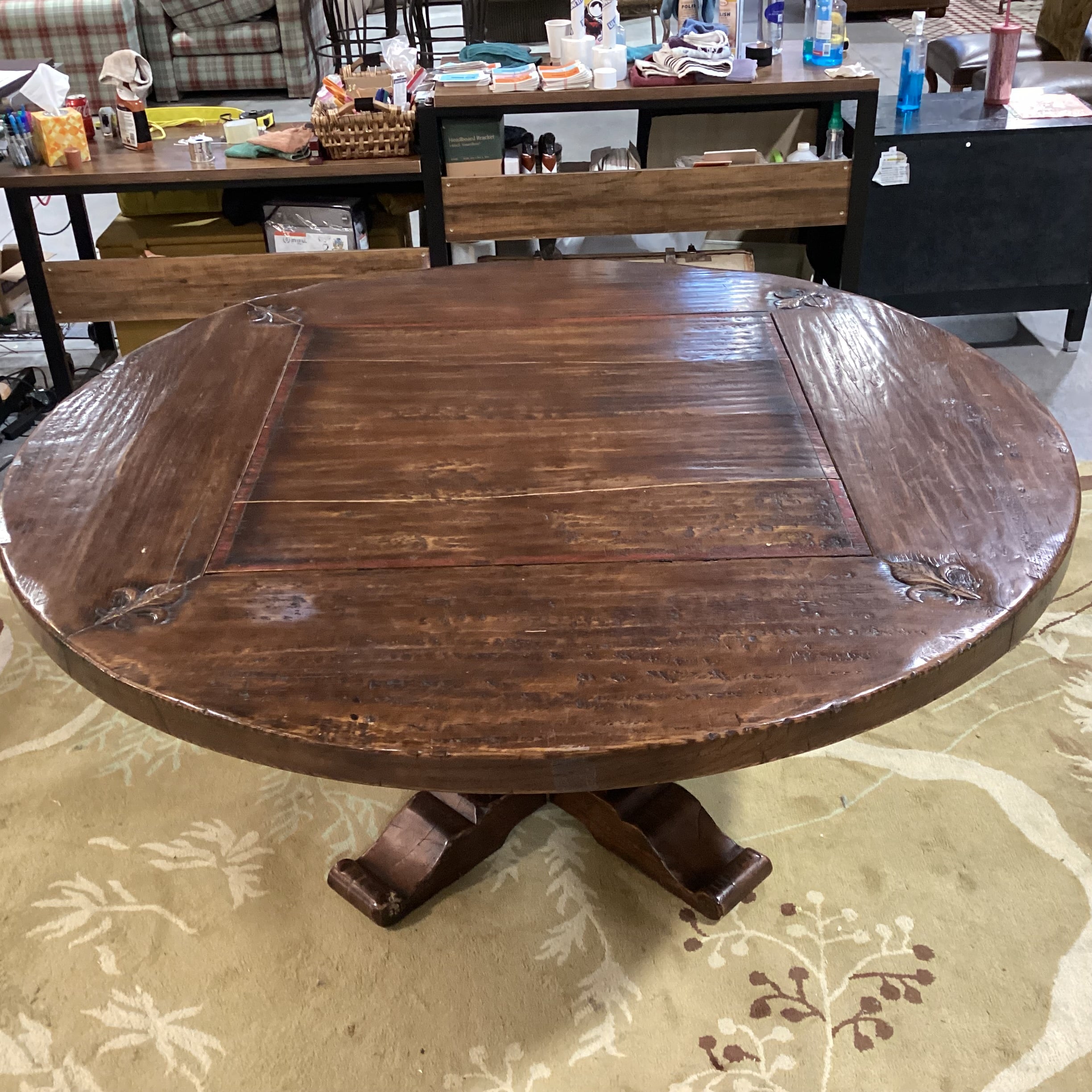 Distressed Solid Wood Finish with Carved Fleur De Lis  Detail Round Dining Table 66" Diameter x 30.5"