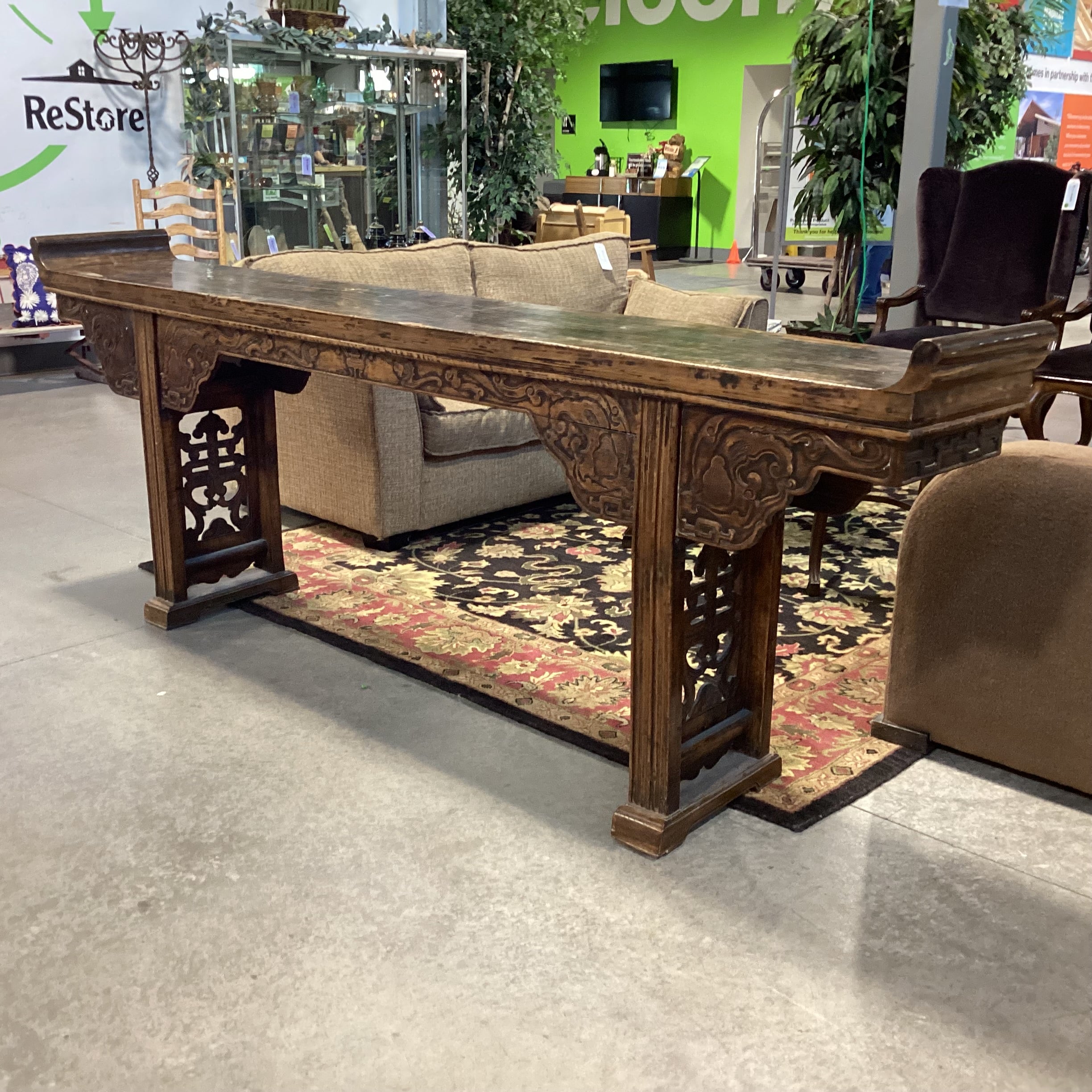 Antique Asian Ornate Carved Wood Console Sofa Table 106"x 16"x 40"