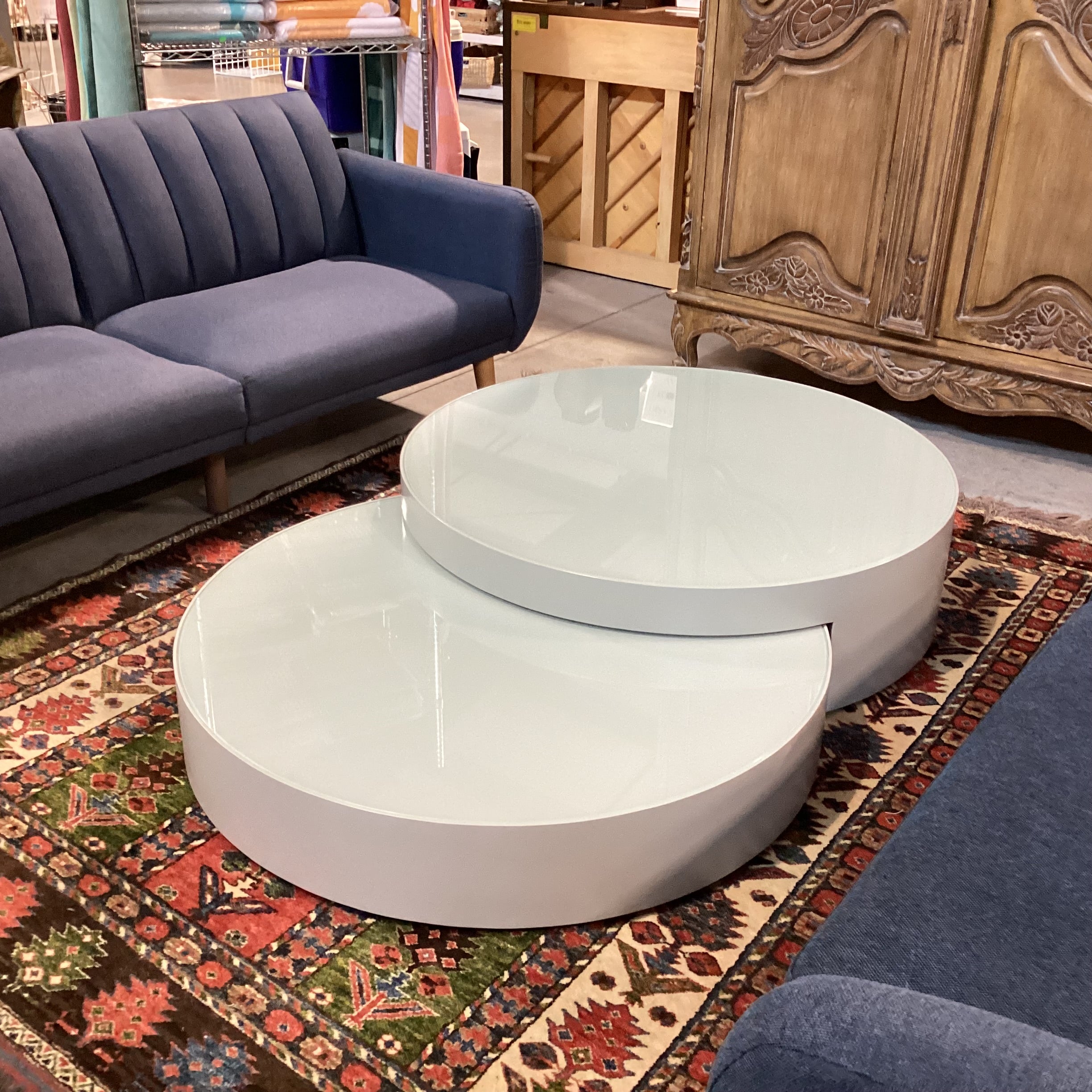 Modern Grey Lacquer & Glass Top Double Nesting Circles Coffee Table 67"x 43.5"x 12"