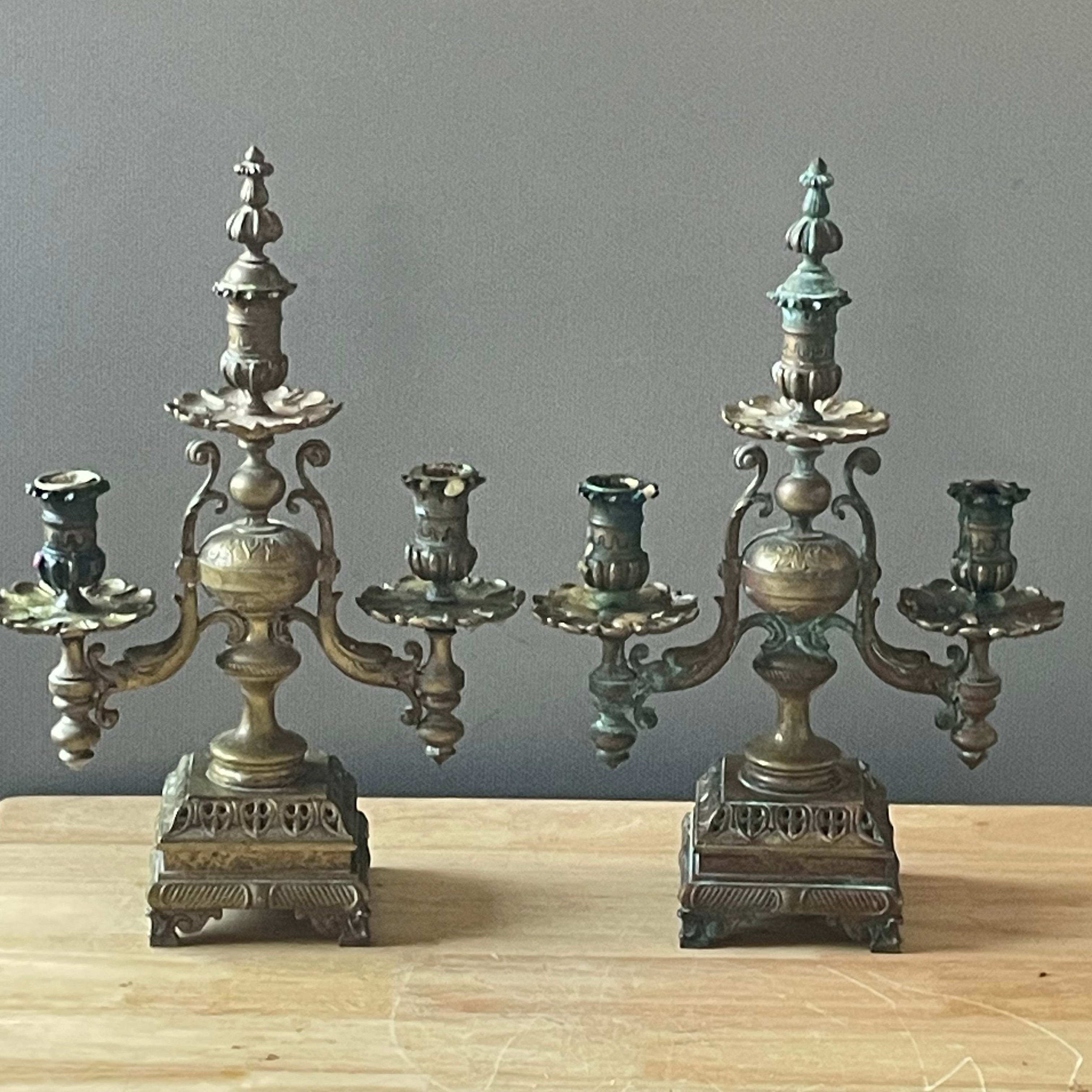 Antique French Empire Style Elaborate Brass/Bronze Candelabras, Pair, 10.25"x 4.25"x 15"