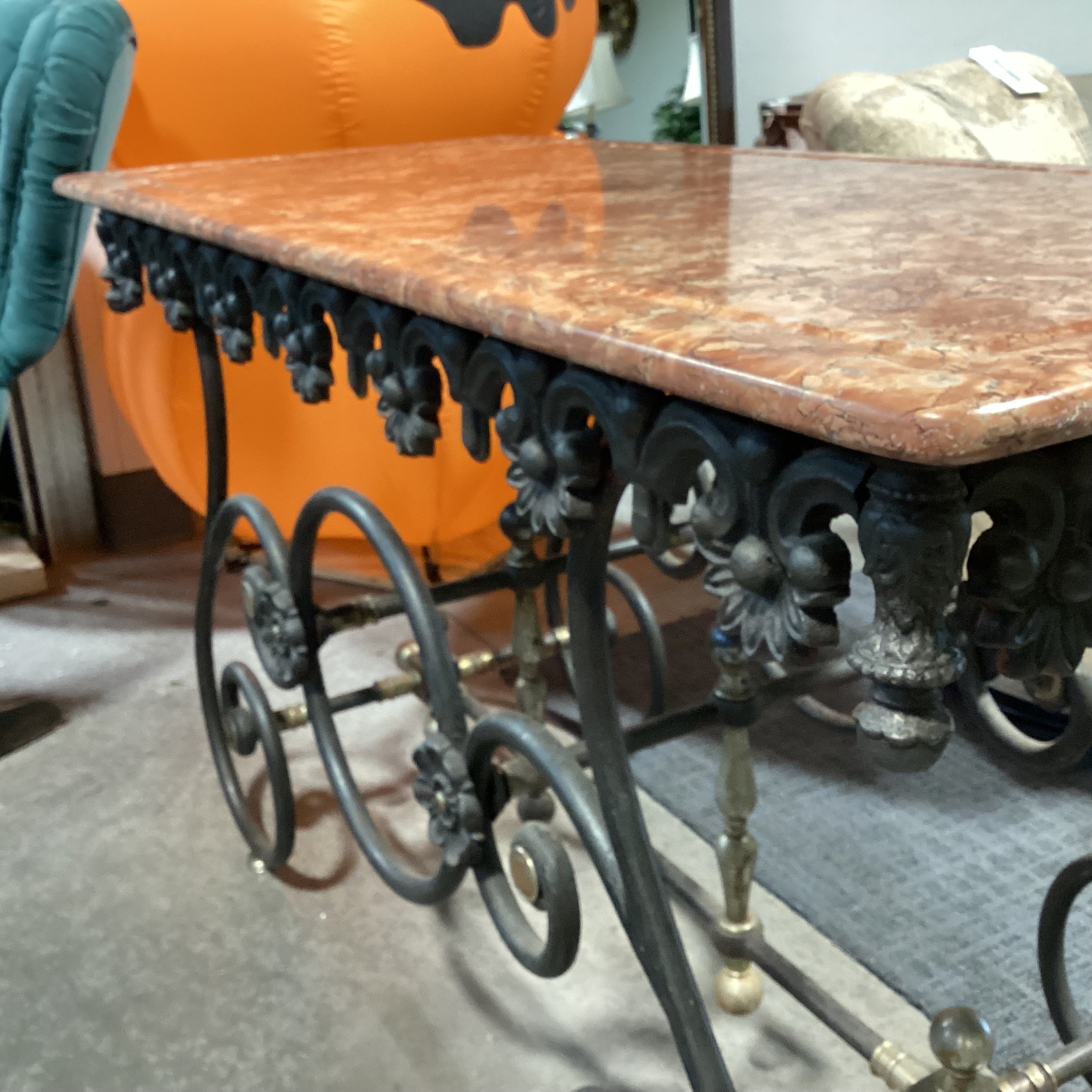 Antique French Ornate Iron & Original Marble Baker's Accent Table 52"x 23"x 31"