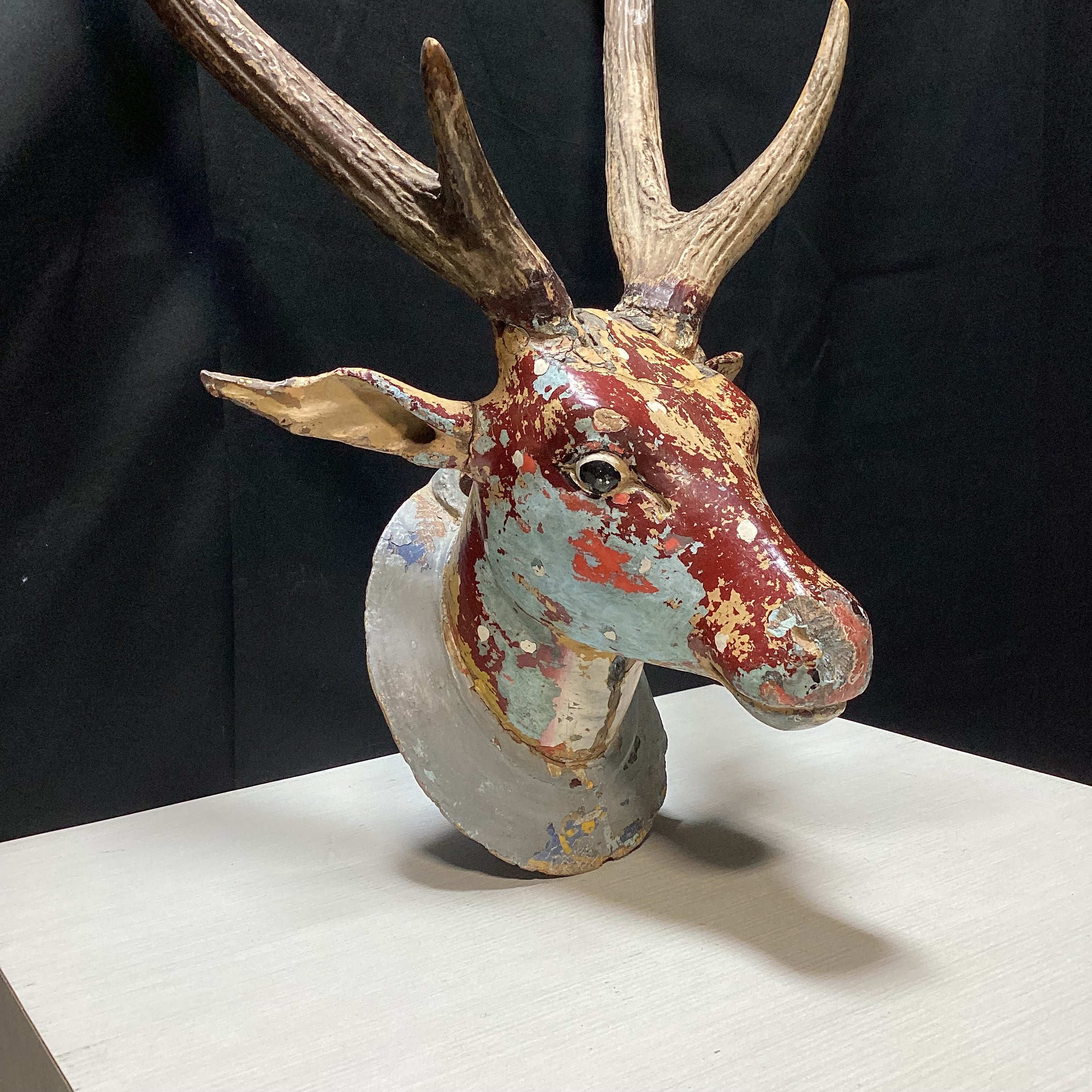 Antique - Vintage Carved Wood Deer Head With Real Antlers 14" x 28"