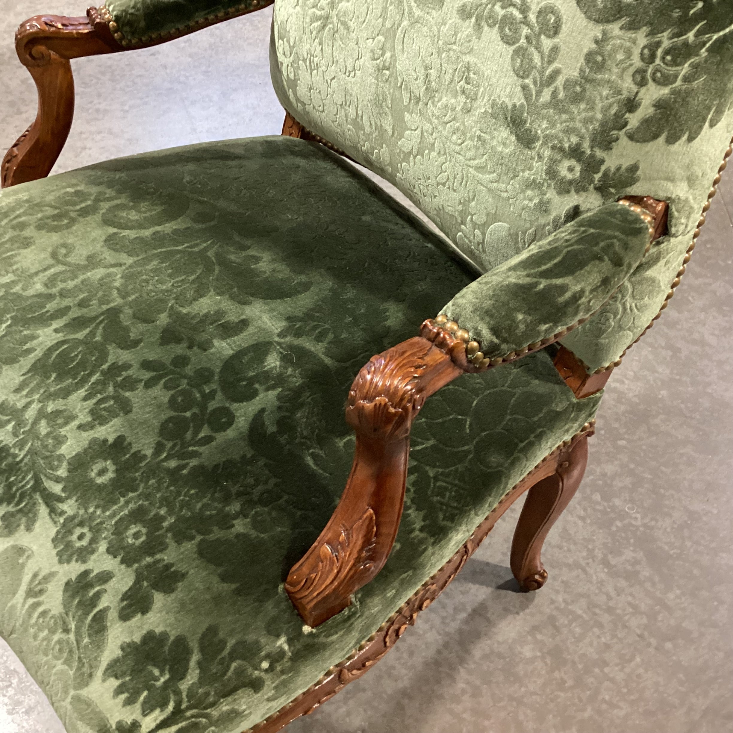 Vintage Carved Wood with Green Raised Floral Velvet & Nailhead Chair 28"x 28"x 42"