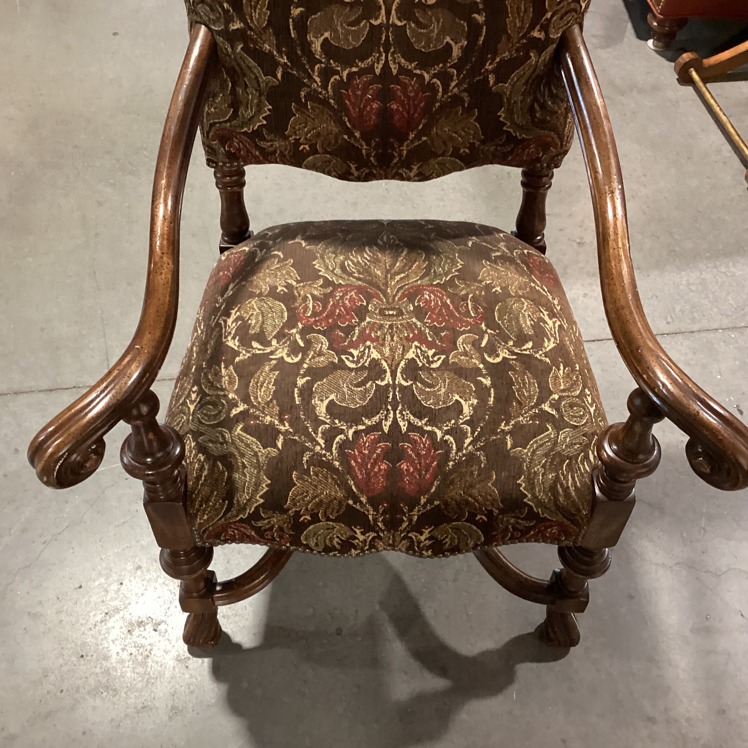Wesley Hall Ornate Carved Wood & Brown Gold Floral Chair 33"x 33"x 53"