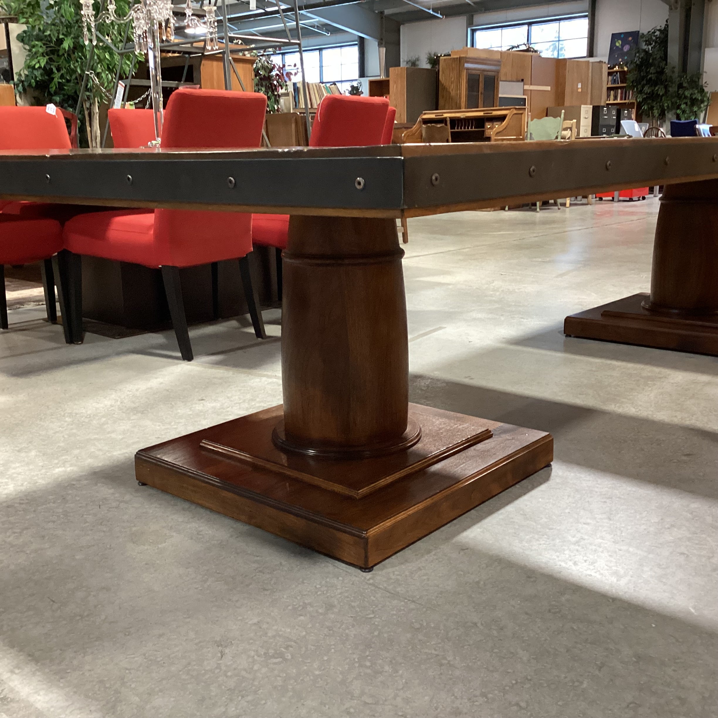 Custom Square Walnut with Pedestal & Iron Nailhead Edge Detail Dining Table 60"x 60"x 30.5"