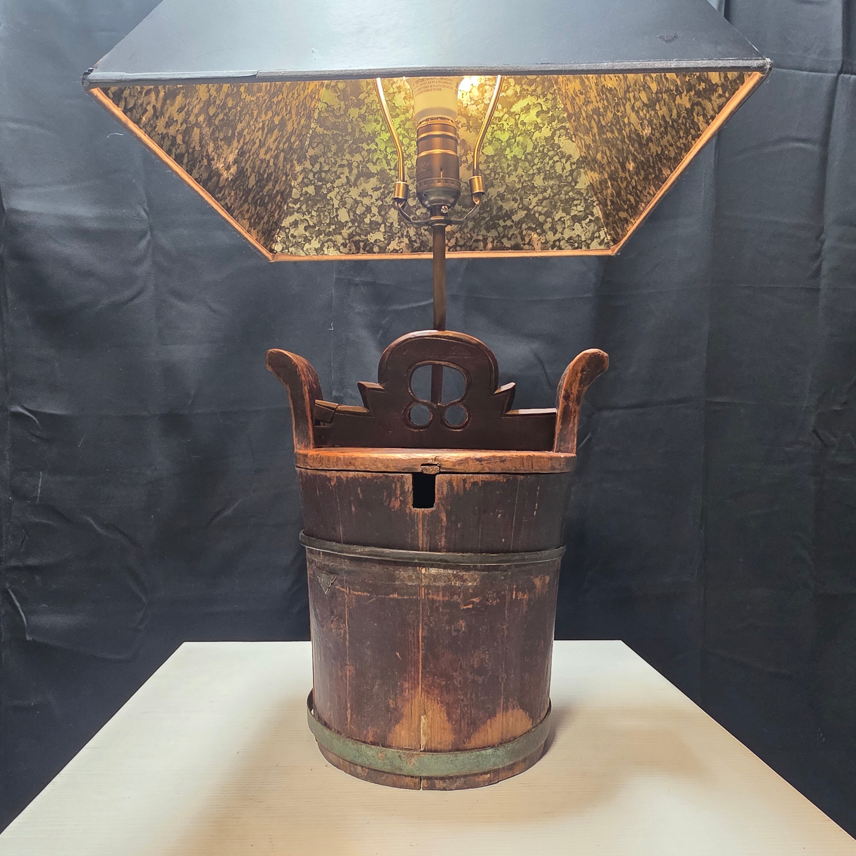 Unique Antique Chinese Rice / Water Bucket Turned into a Lamp 8.25"x10"x25"