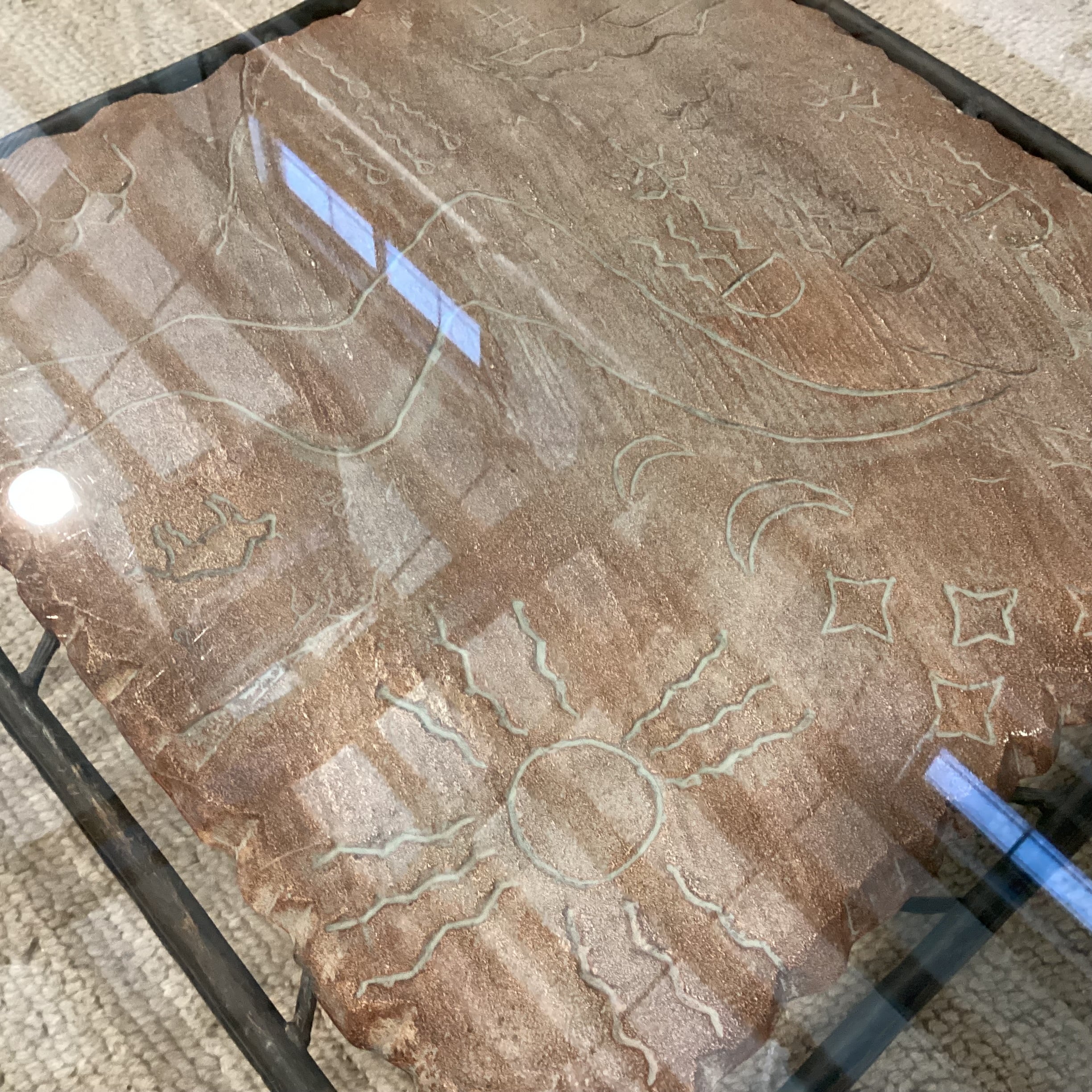 Wrought Iron Carved Scene on Stone & Live Edge Glass Coffee Table 38"x 38"x 17"