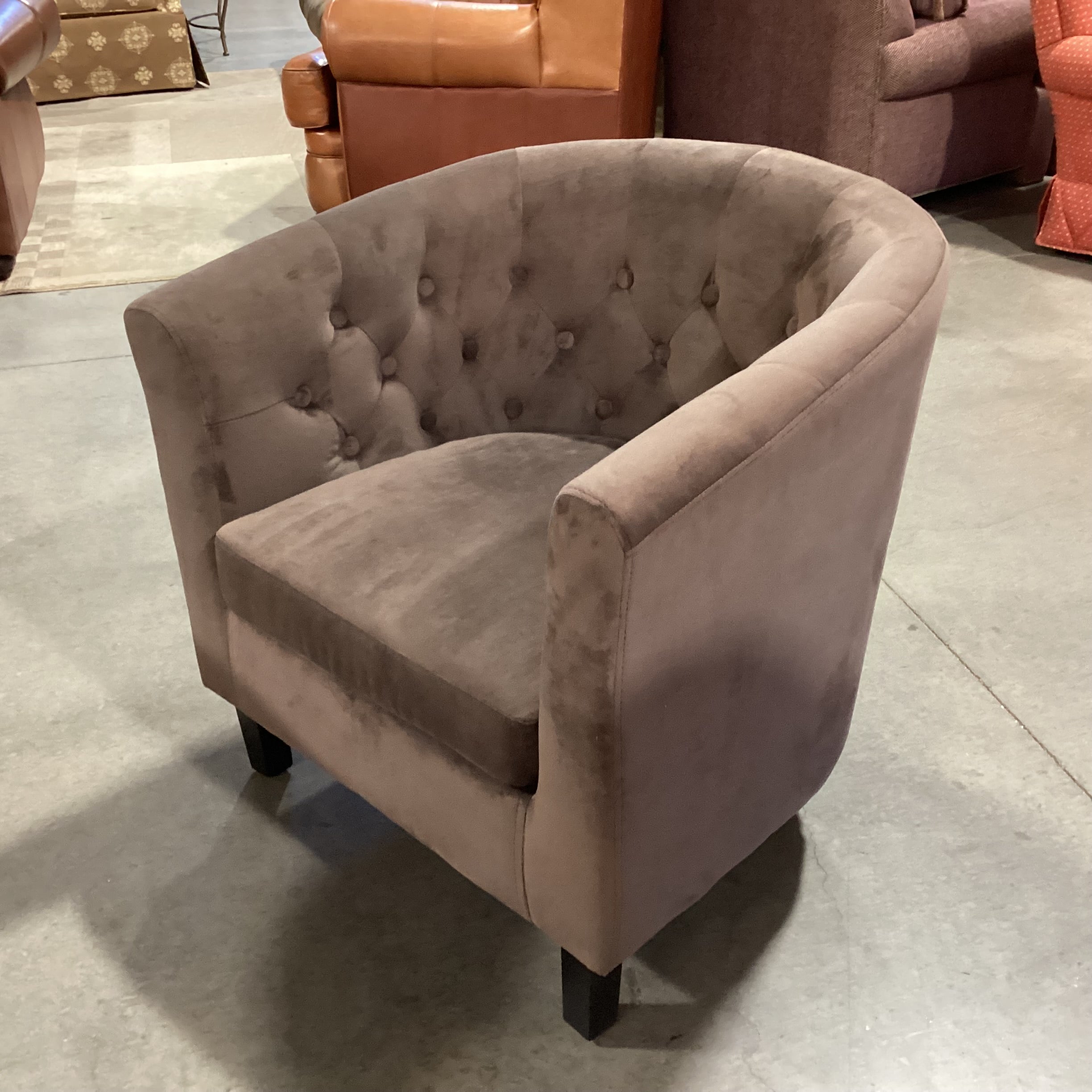 Taupe Brown Plush Velvet Button Tufted Barrel Chair 30"x 28"x 30"
