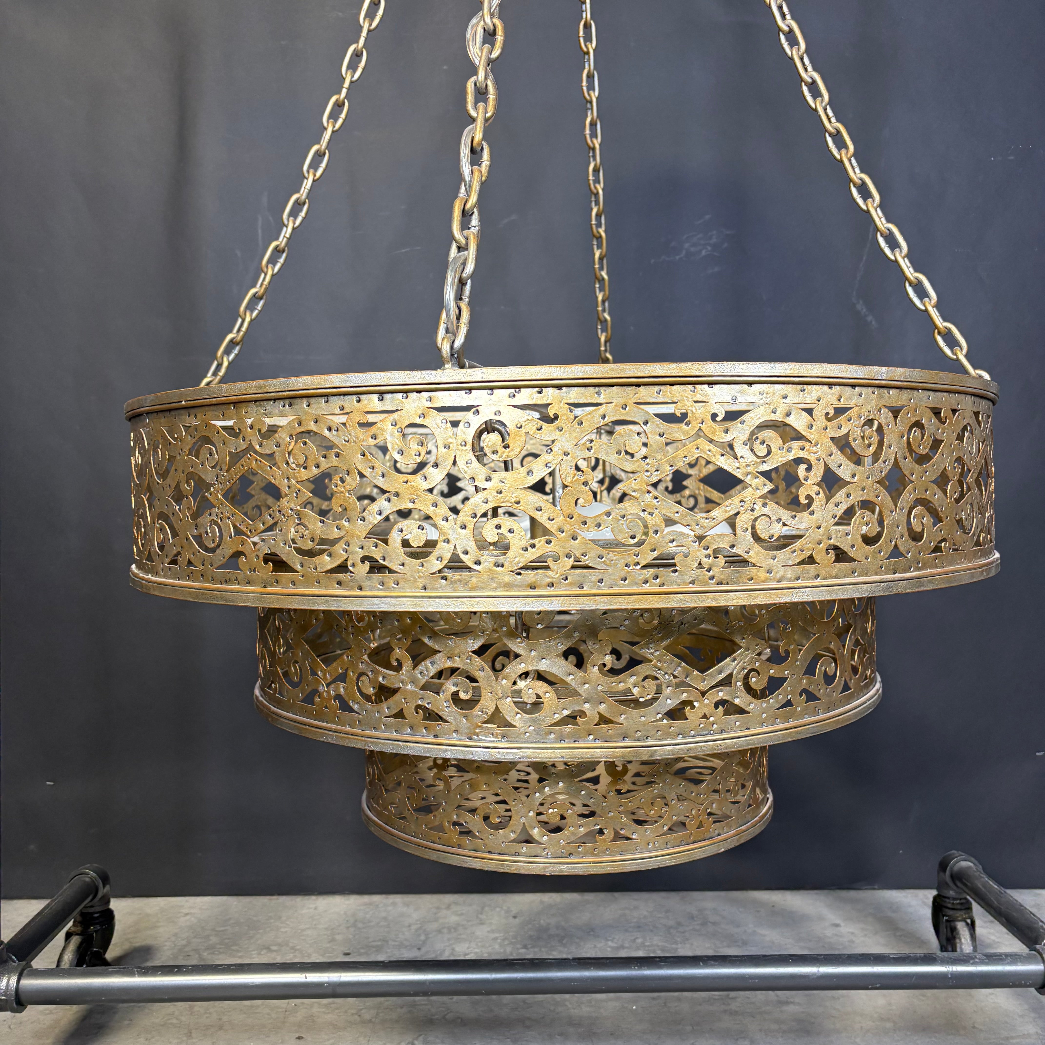 Horchow Moroccan Style 4-Light Tiered Gold Painted Ornate Pierced Metal Chandelier 30” Diameter x 45”