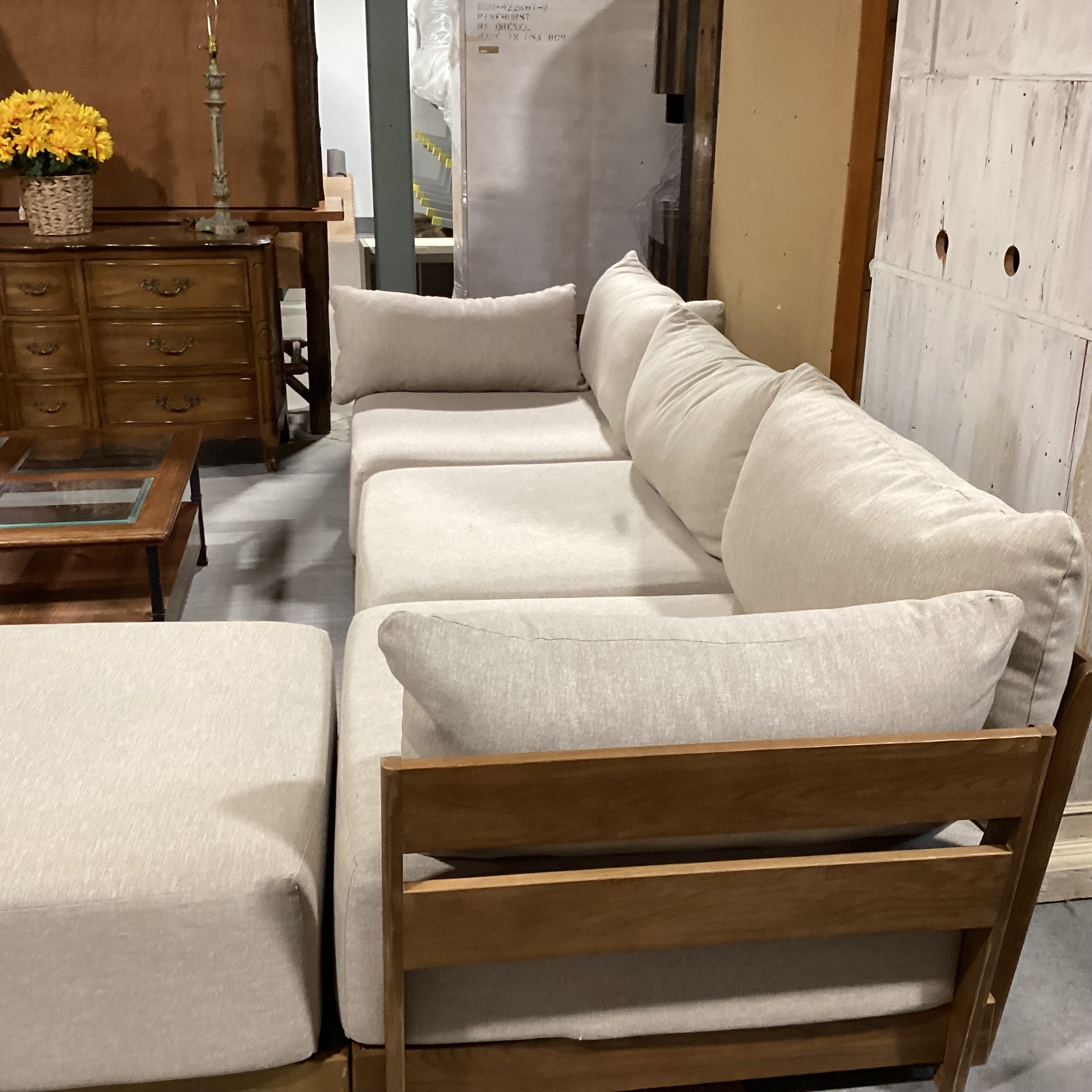 Bondi Mid Century Style Wood Base & Beige Cushions 4 Piece Modular Sectional 118"x 80"x 42"x 26"