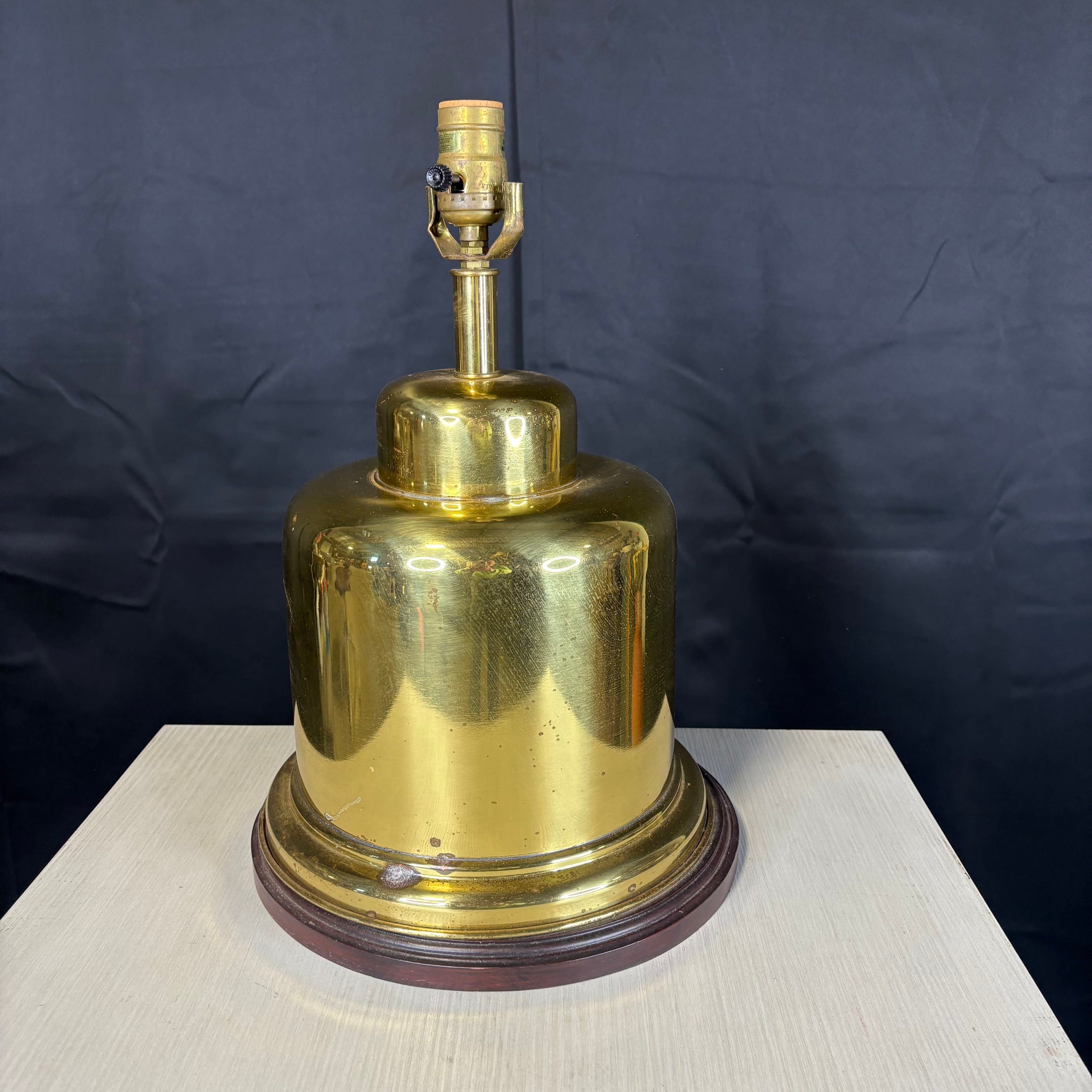 Vintage Shoal Creek Wood and Brass Canister Table Lamp 12“ Diameter x 16”