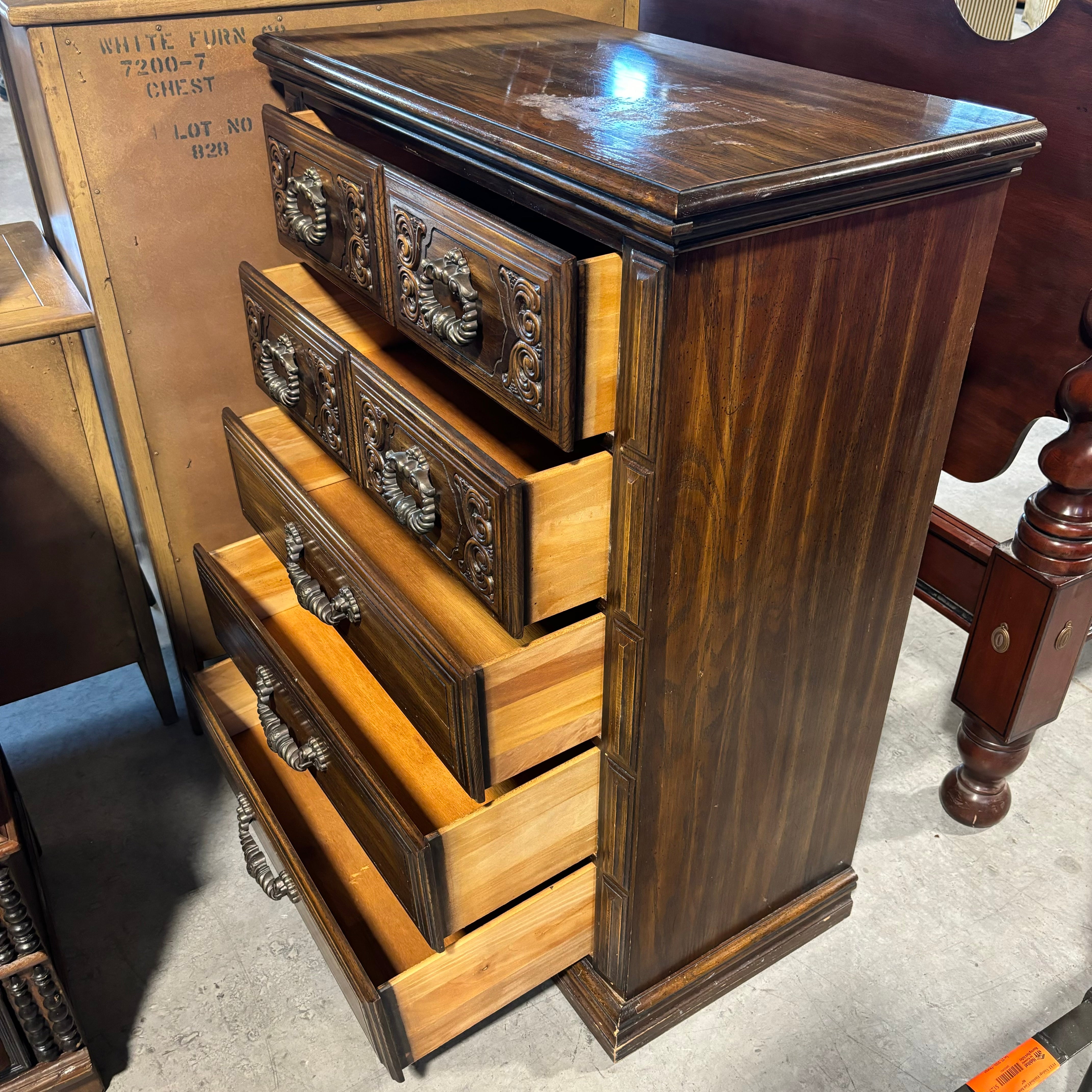 Ornate Carved Dark Finish Wood with Metal Handles 5 Drawer Dresser 36"x 18"x 47"