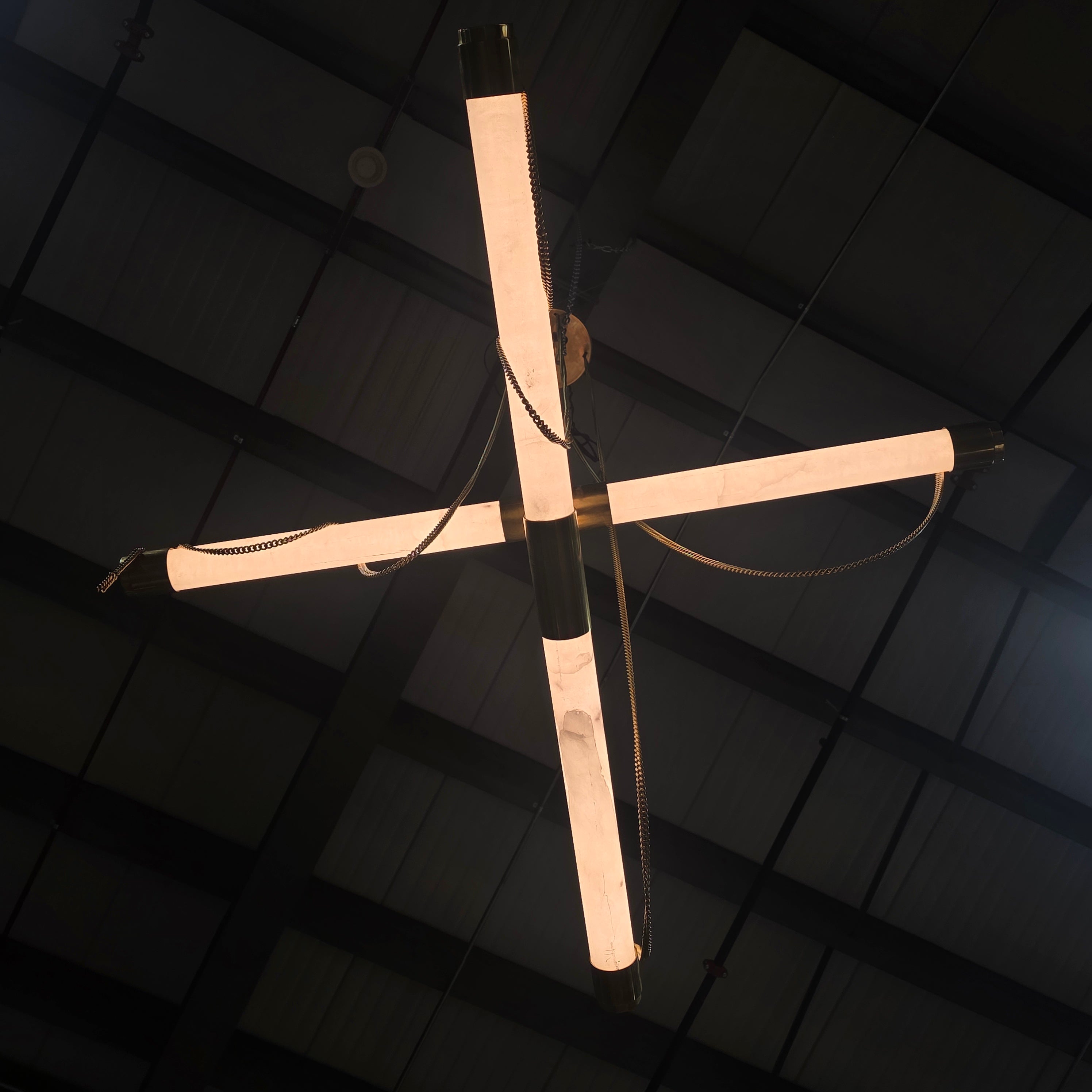 BRAND NEW Lariat Liner by Corbett Lighting with Gold, Gold Chains and Alabaster Stone Two Light Chandelier 48"x69"