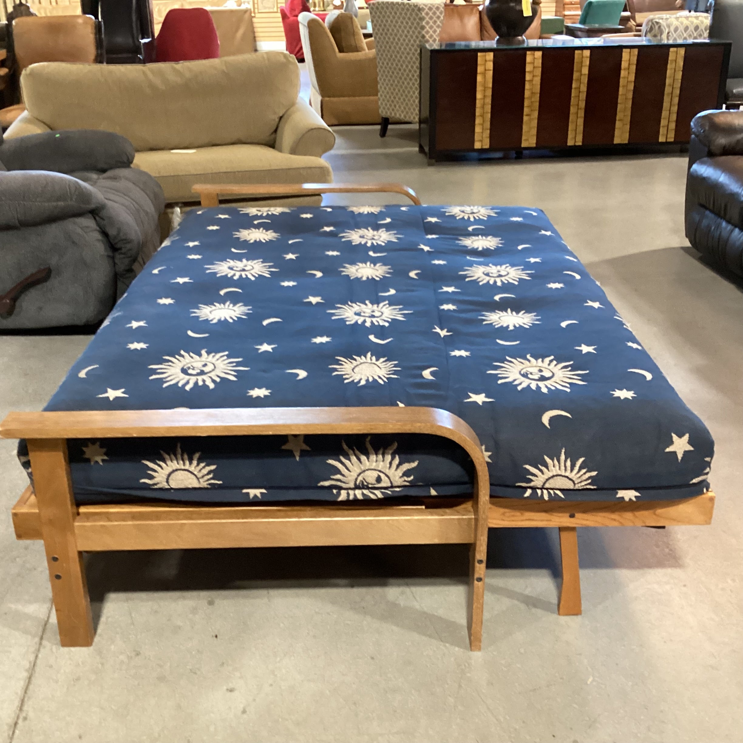 Oak & Blue With Sun Moon & Stars Cushion Futon Sofa 80"x 42" to 56"