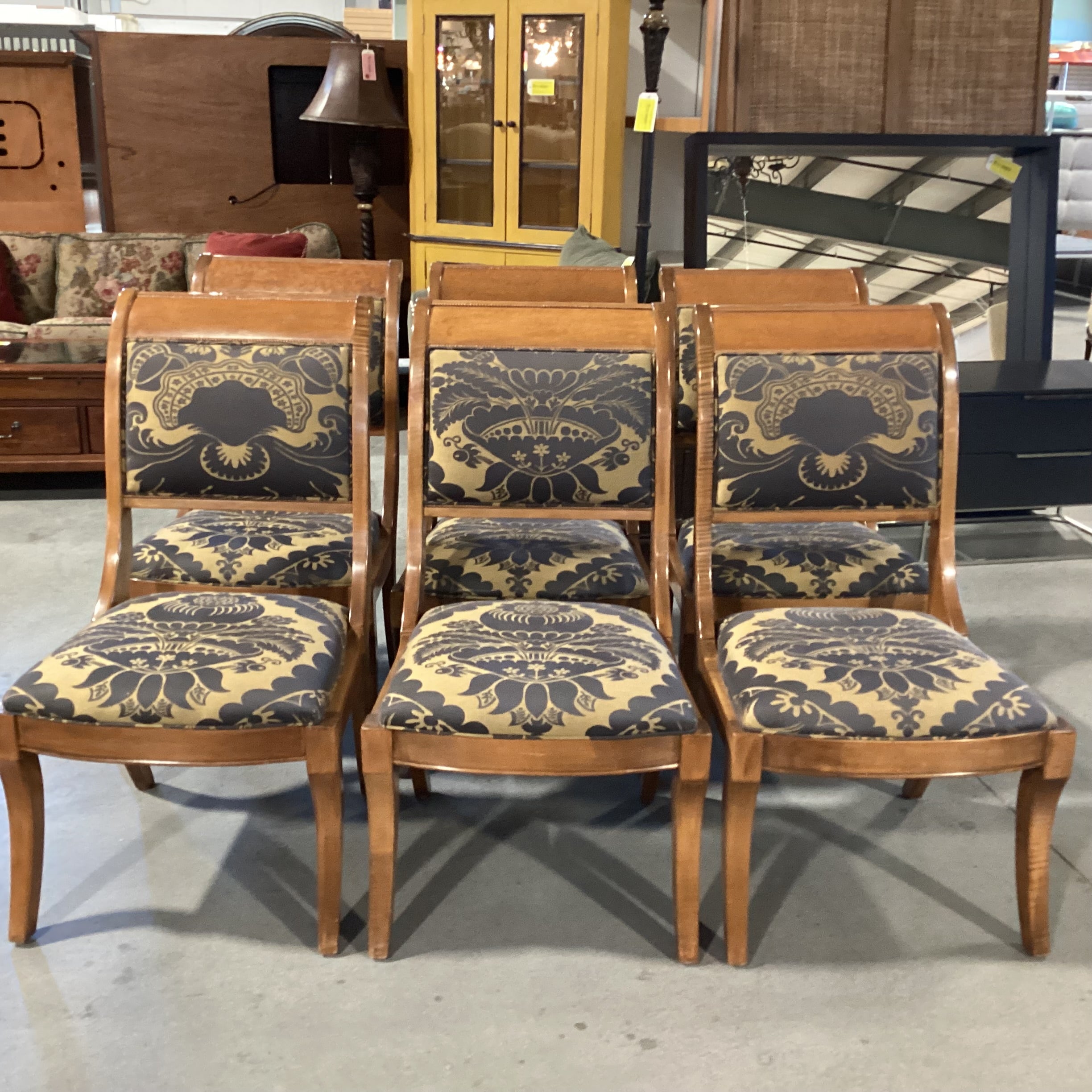 SET of 6 Carved Finished Wood Taupe Brown & Gold Art Deco Floral Dining Chairs 22"x 27"x 39"