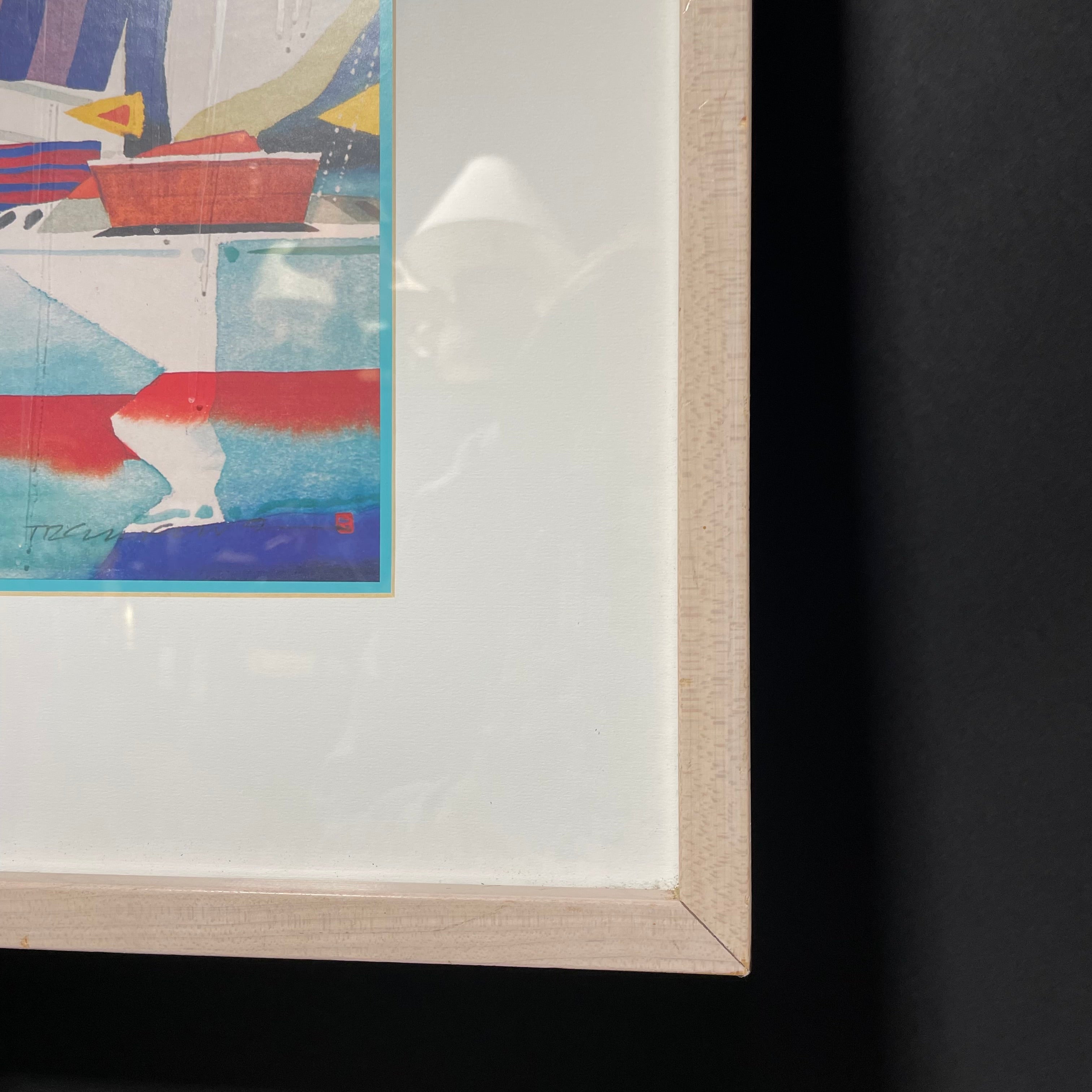Ian Tremewen "Boats 'N The Harbour" Print In Light Wood Frame 37" x 30"
