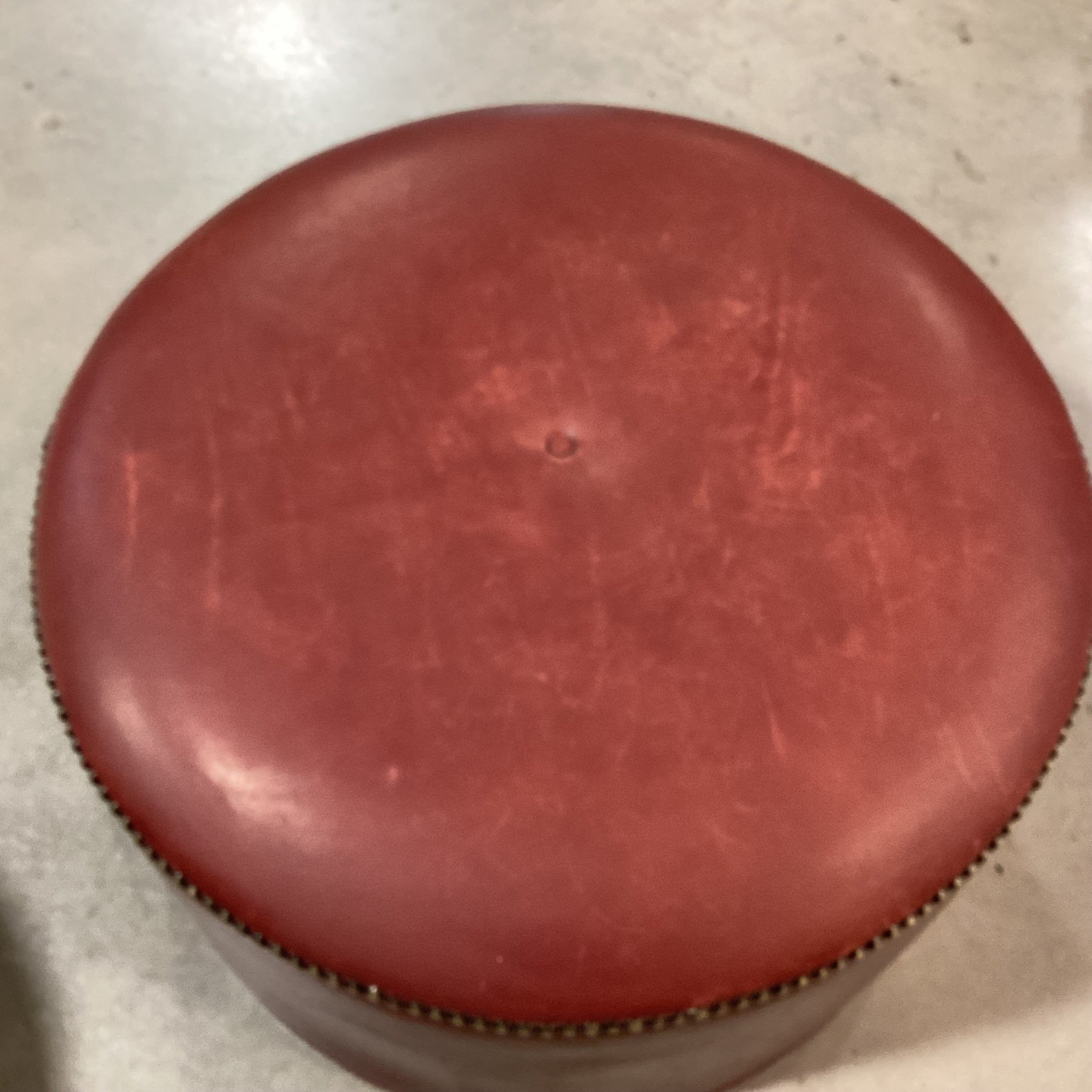 Stewart Furniture Design Red Tone Leather Nailhead Round Ottoman 27" Diameter x 16"