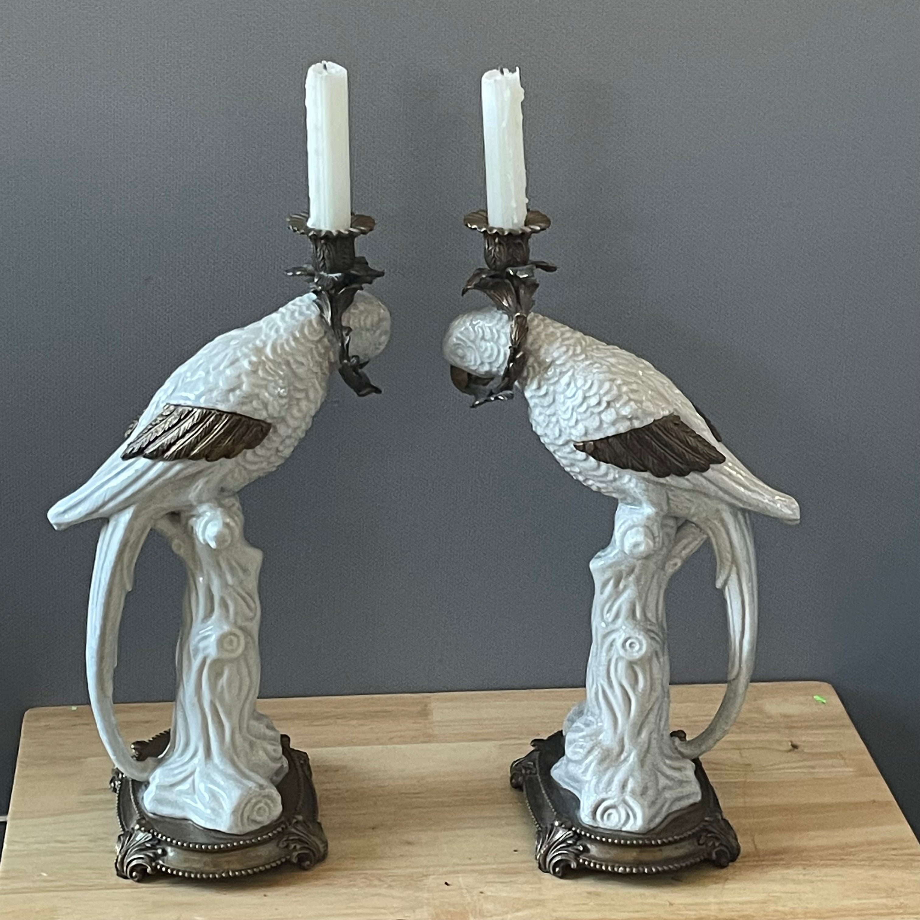 Castilian Imports White Glazed Porcelain with Brass Base Cockatoo Candlesticks, Pair