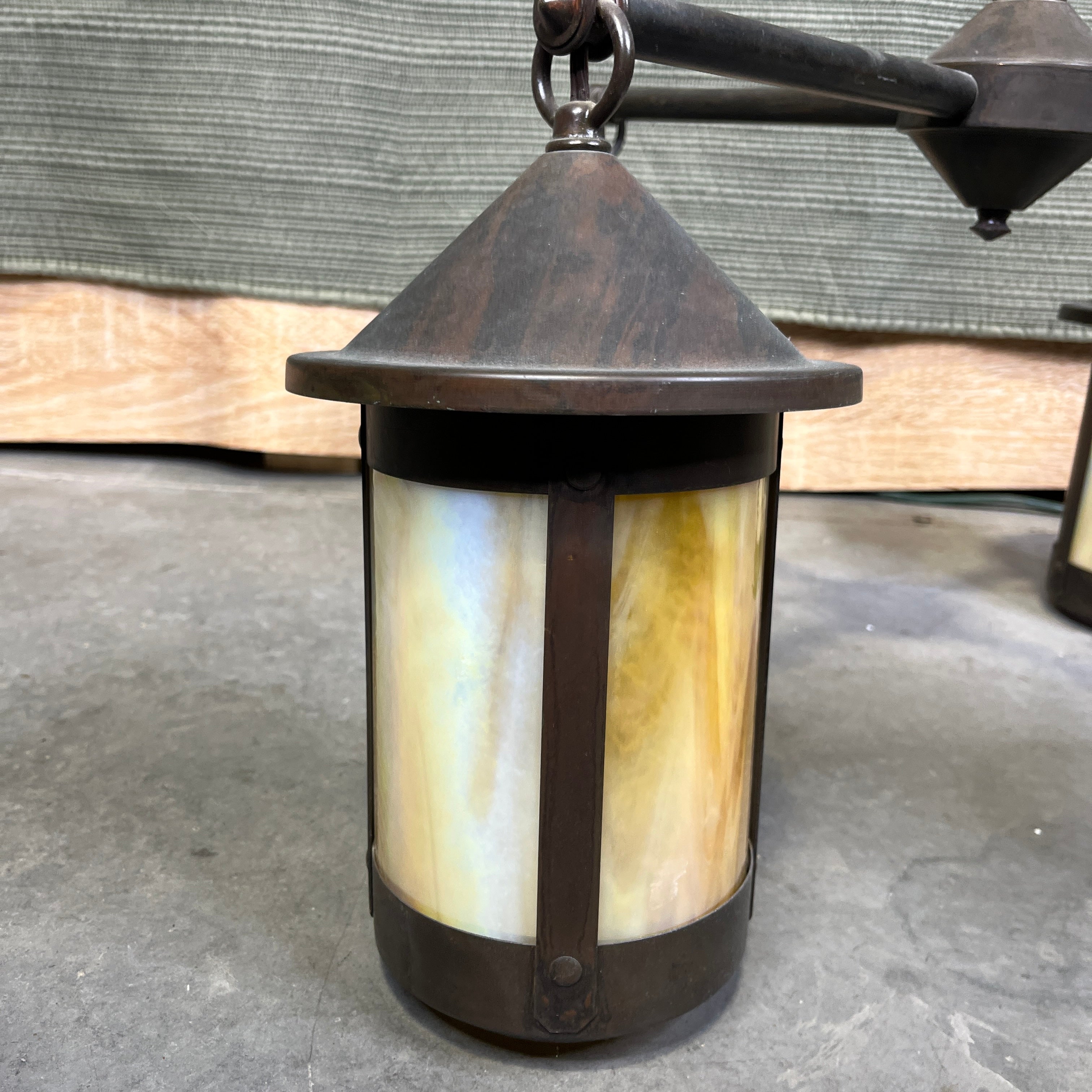 Arroyo Craftsman 4-Light Bronze with Gold and White Iridescent Glass Ceiling Pendant 28”x 28”x 78.5"