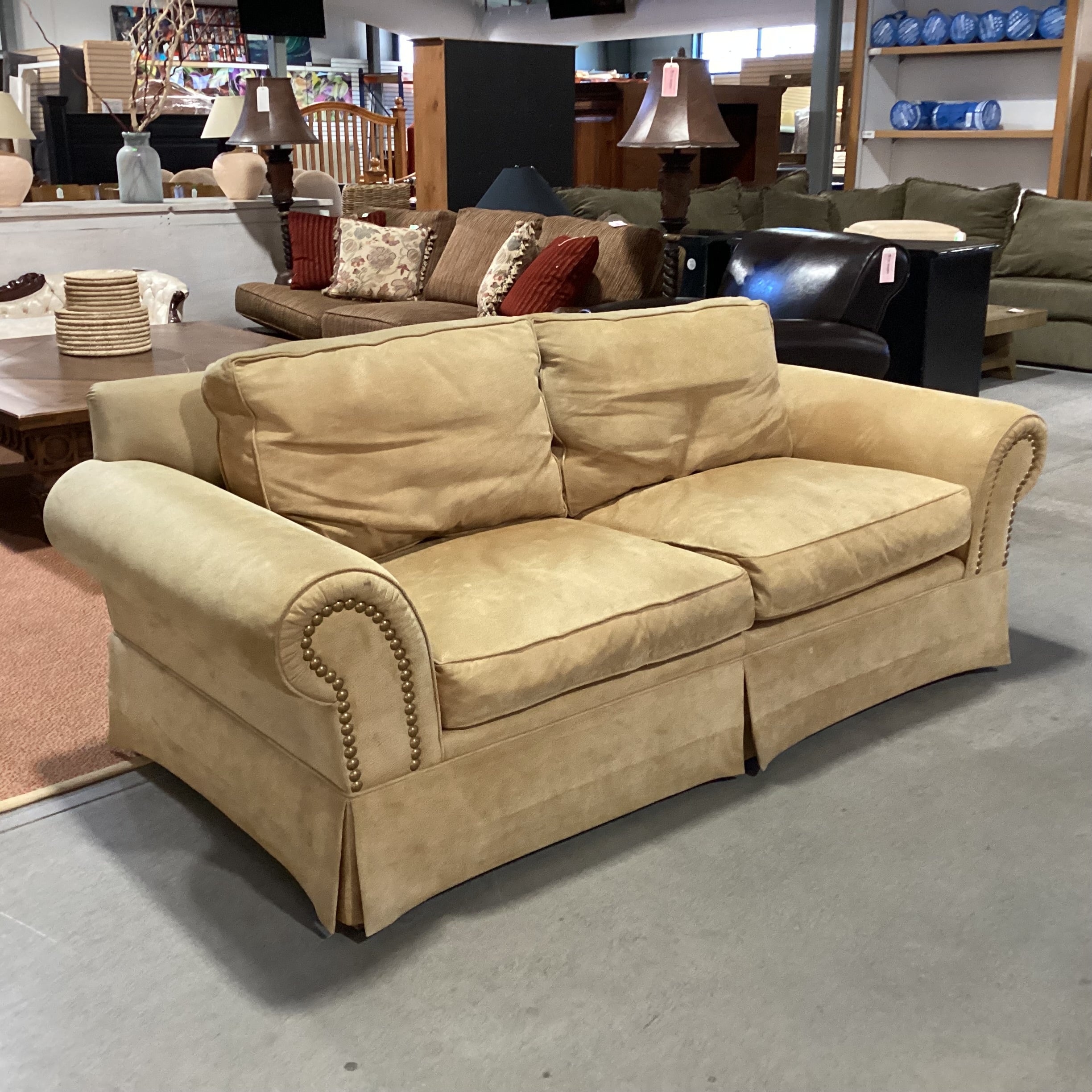 Golden Tan Leather Roll Arm Nailhead Sofa 86"x 40"x 32"
