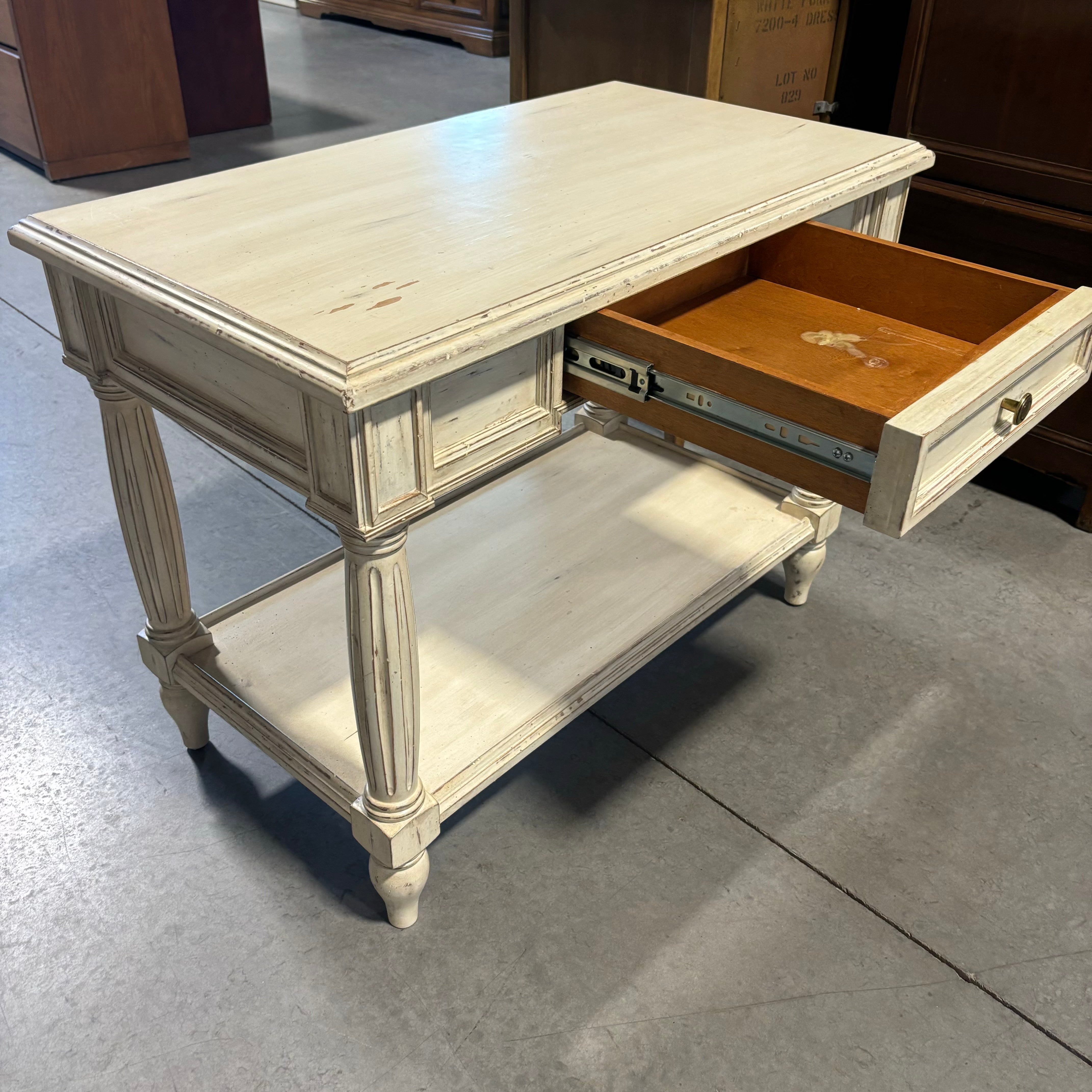Vintage White Washed Wood 2 Tiered 1 Drawer End Table 36"x 20"x 27"