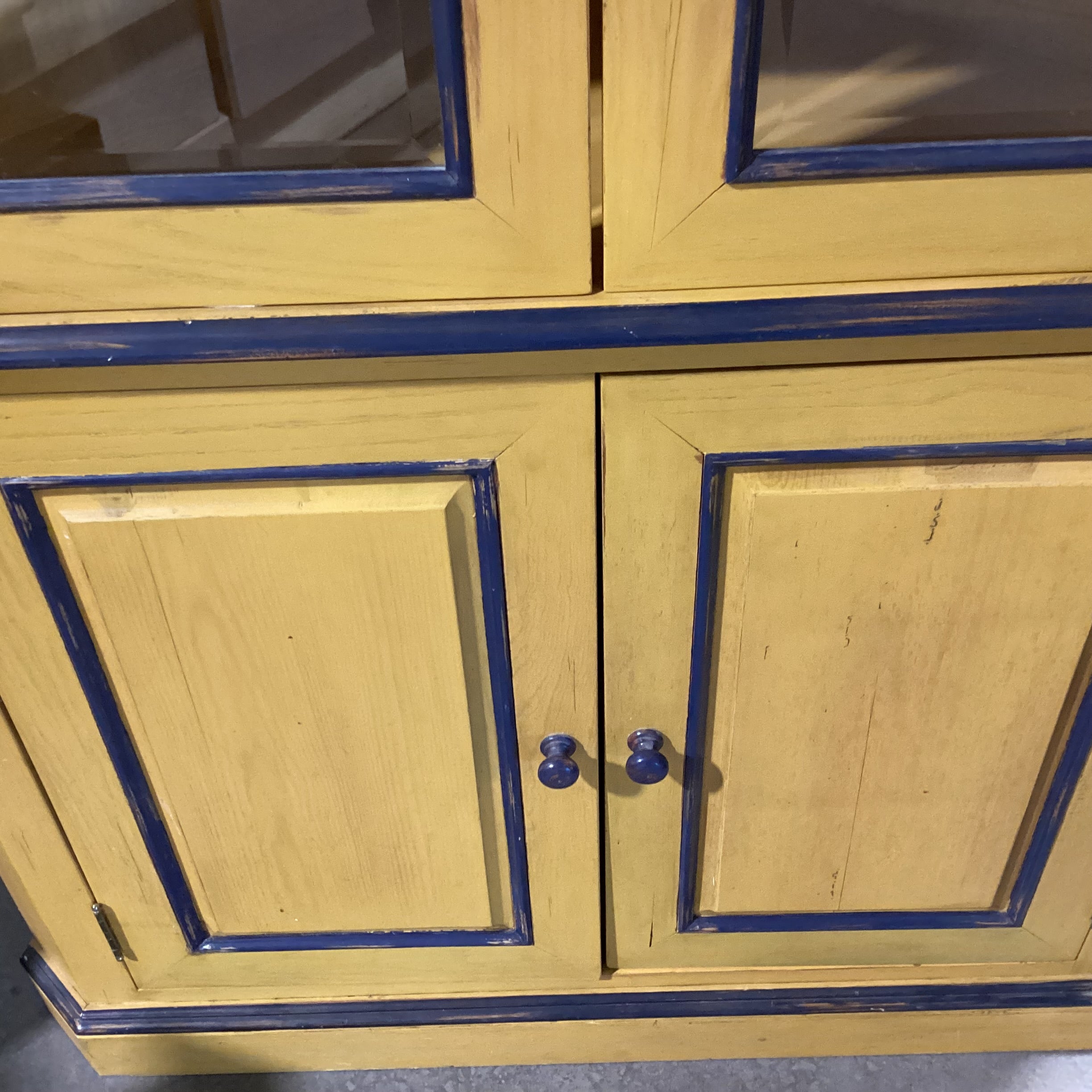Gold & Navy Distressed Wood 2 Beveled Glass Doors & 2Wood with Shelves Corner Armoire 42"x 32"x 72.5"