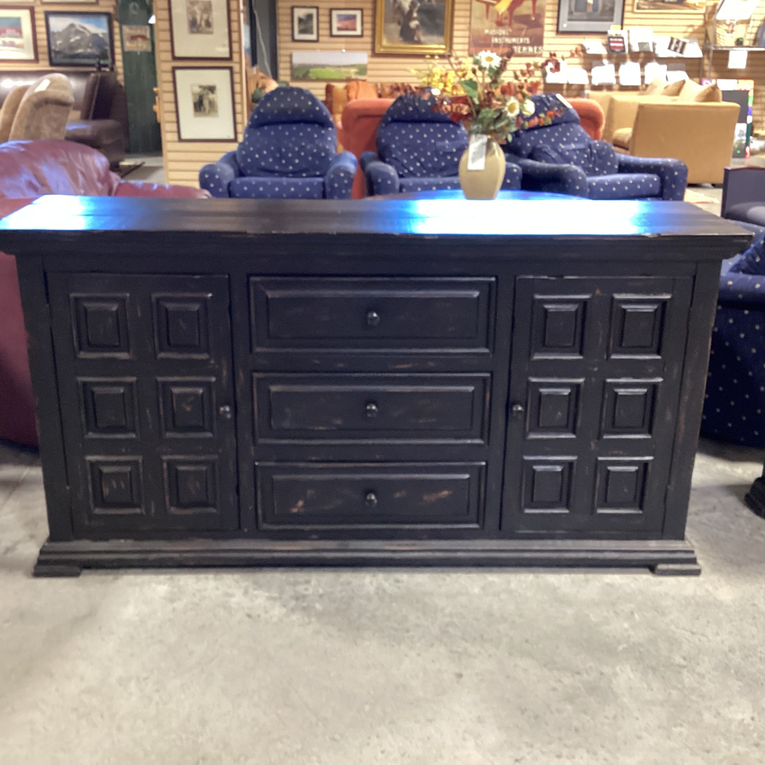 Black Distressed Wood 2 Door 3 Drawer Console Credenza 69"x 18.5"x 36"