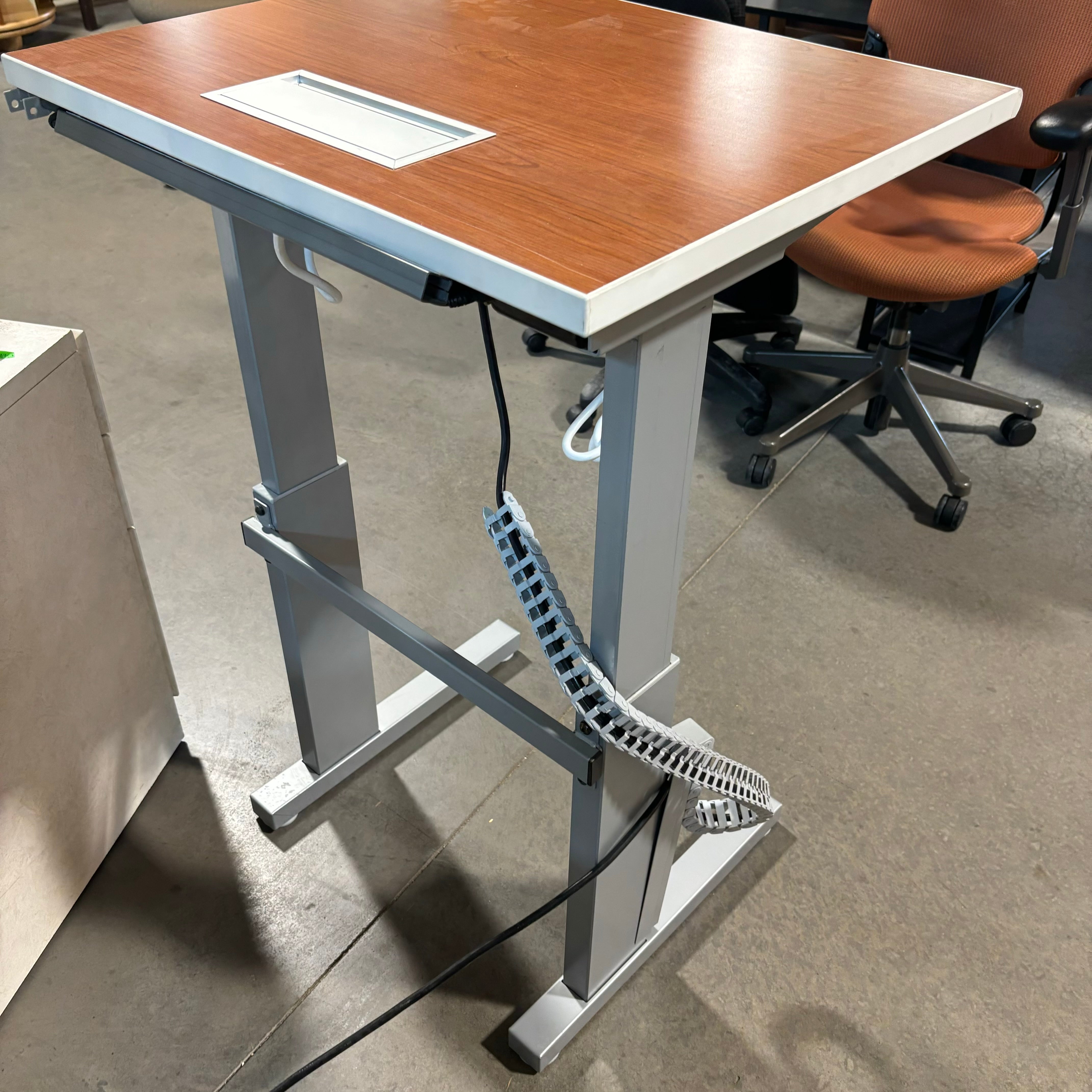 LINAK Dark Wood Veneer with Steel Base Adjustable Sit to Stand Desk 28"x 24"x 27" to 43"