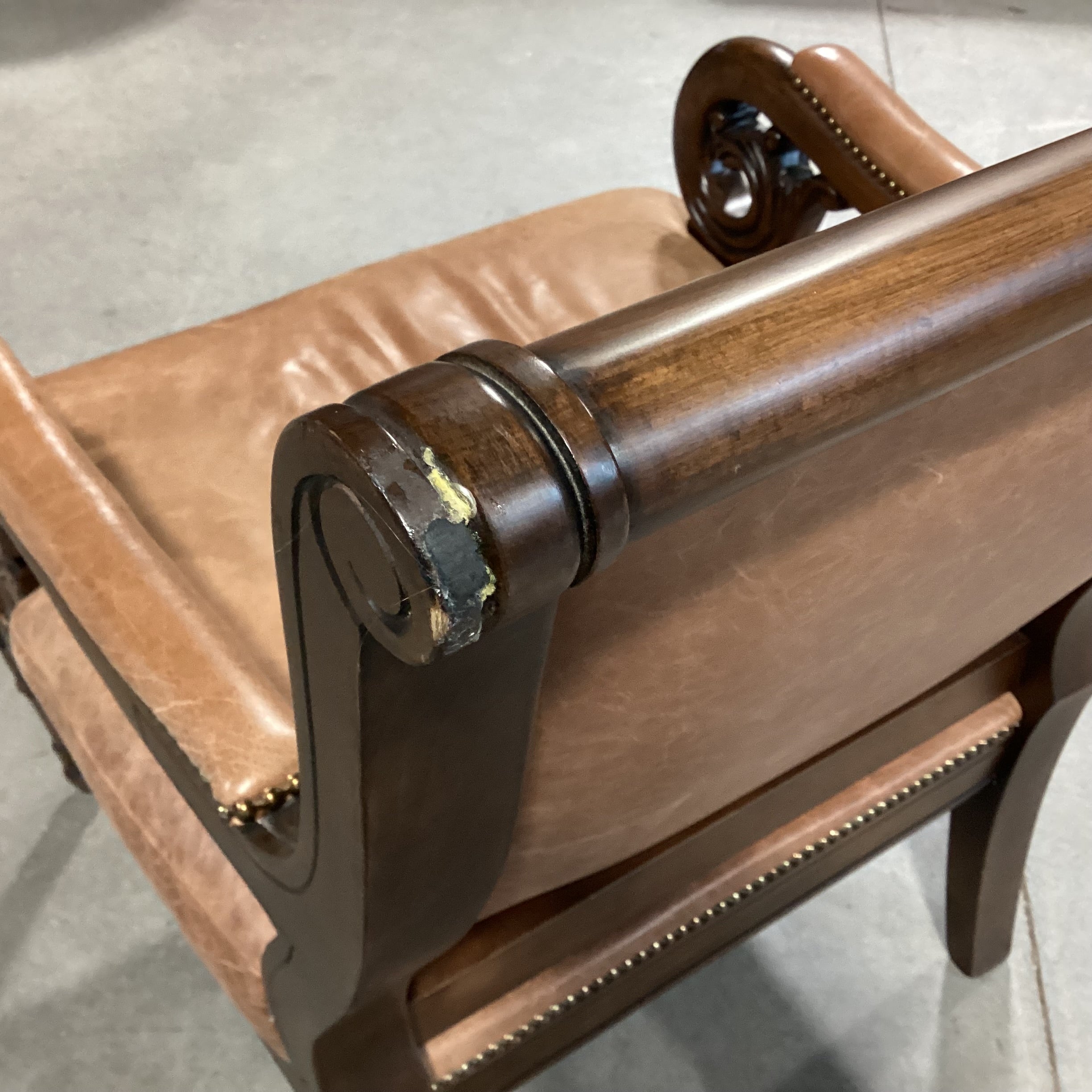 Carved Scroll Arm & Leather Nailhead Chair 29"x 33"x 39"