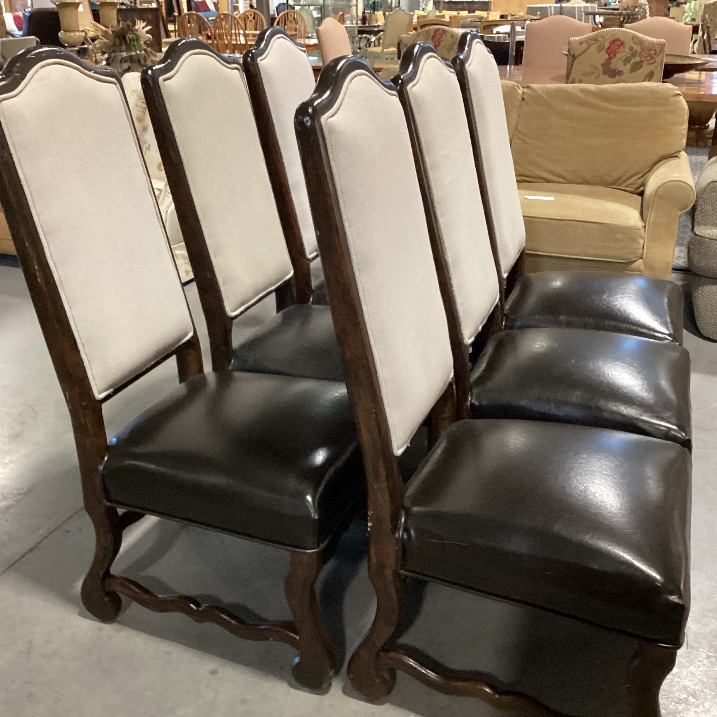 SET of 6 Carved Wood Leather & Linen Dining Chairs 21"x 22"x 49"