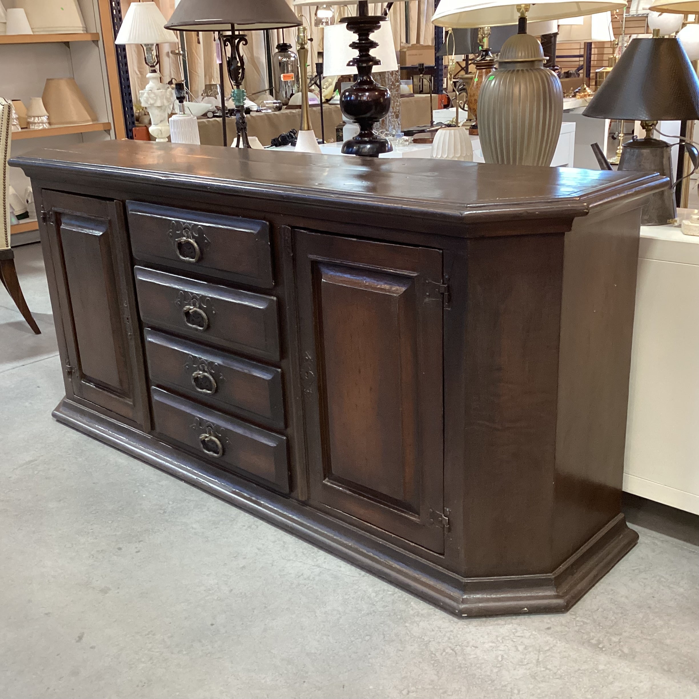 Vintage Antique Carved Wood with Iron Accent 4 Drawer 2 Door Buffet Sideboard 83"x 22"x 36.5"