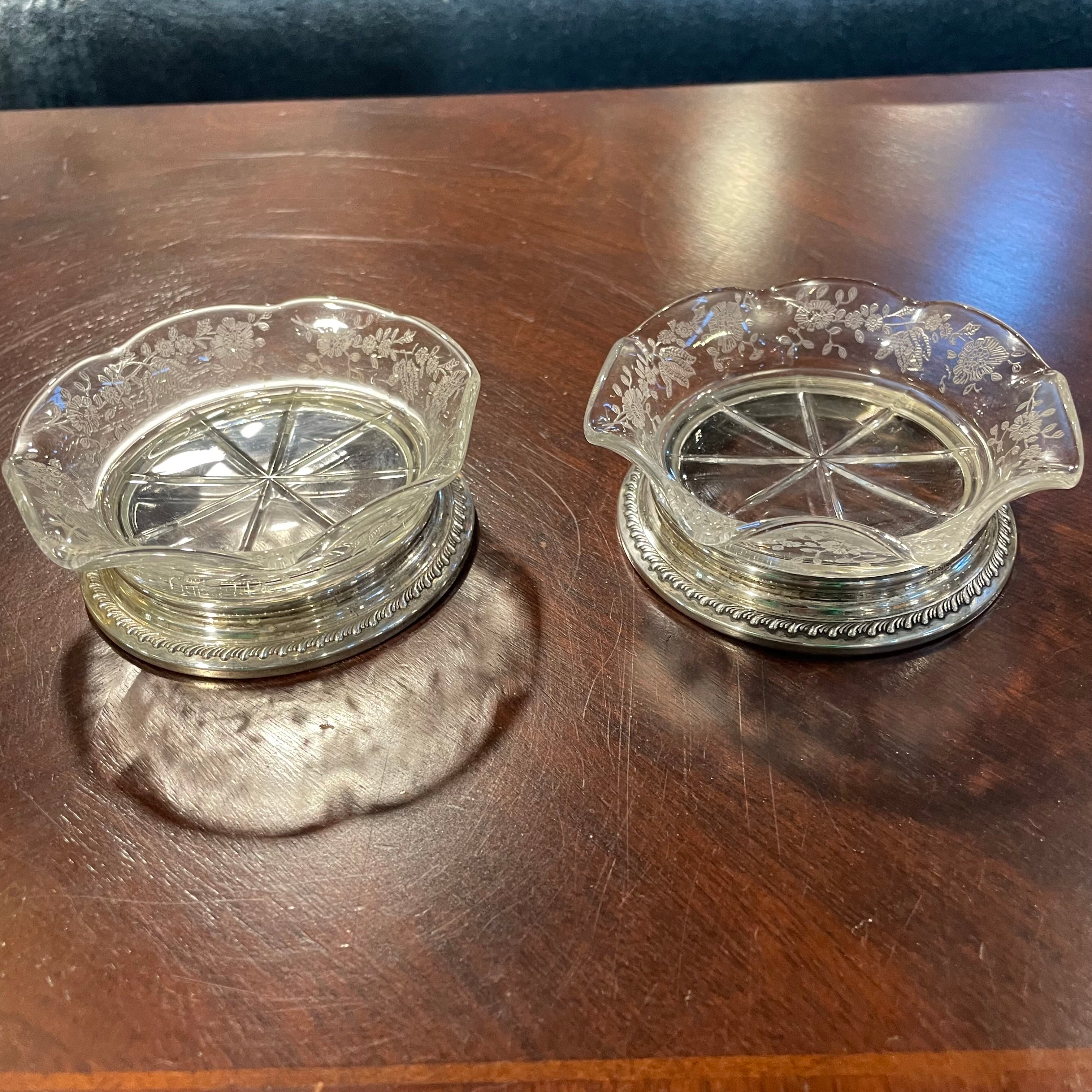 Set of 2 Vintage Cambridge "Chantilly" Sterling Silver Rimmed Etched Fluted Glass Coasters