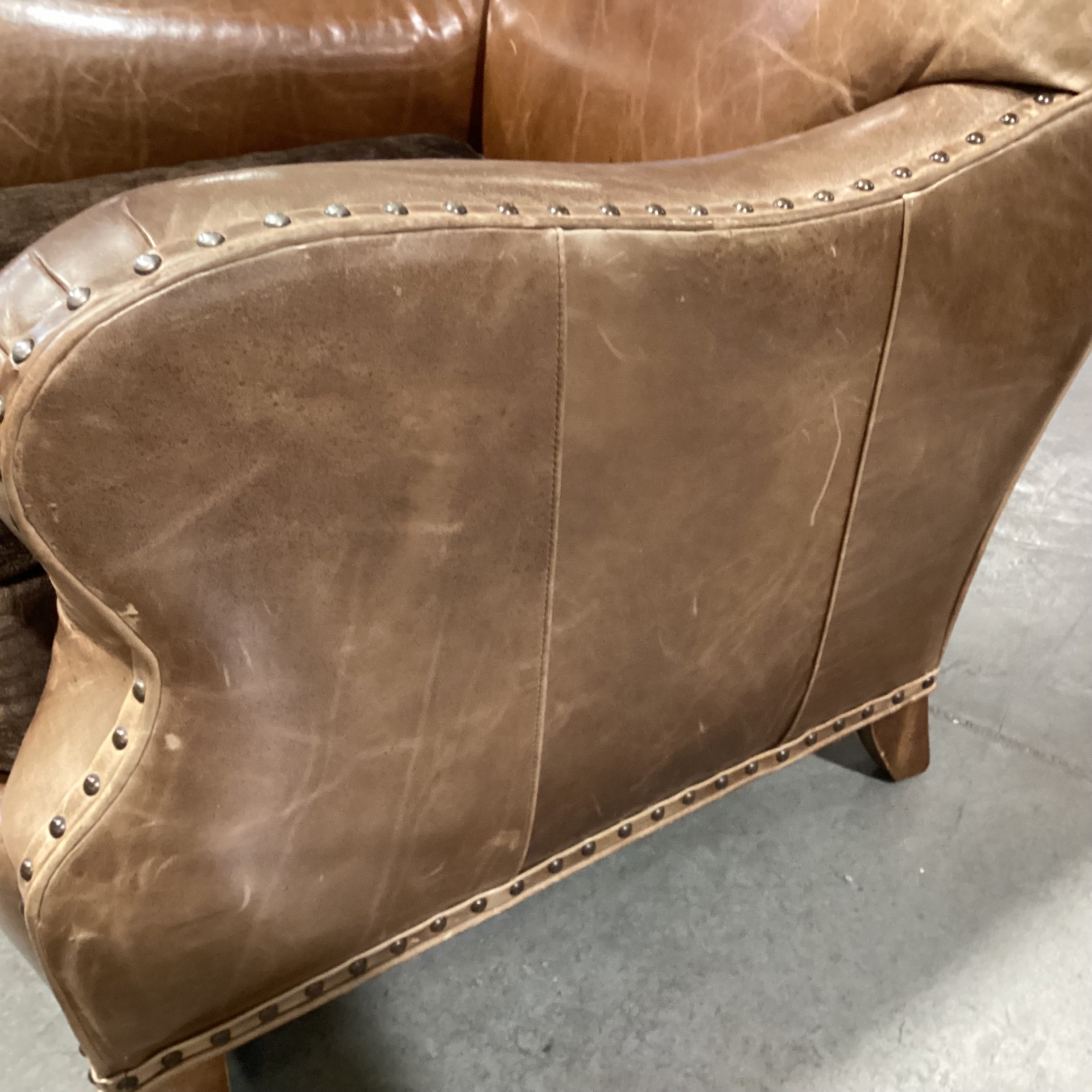 Westley Hall Collection Distressed Leather Nailhead with Brown Upholstered Seat Cushion Chair 31"x 38"x 34"