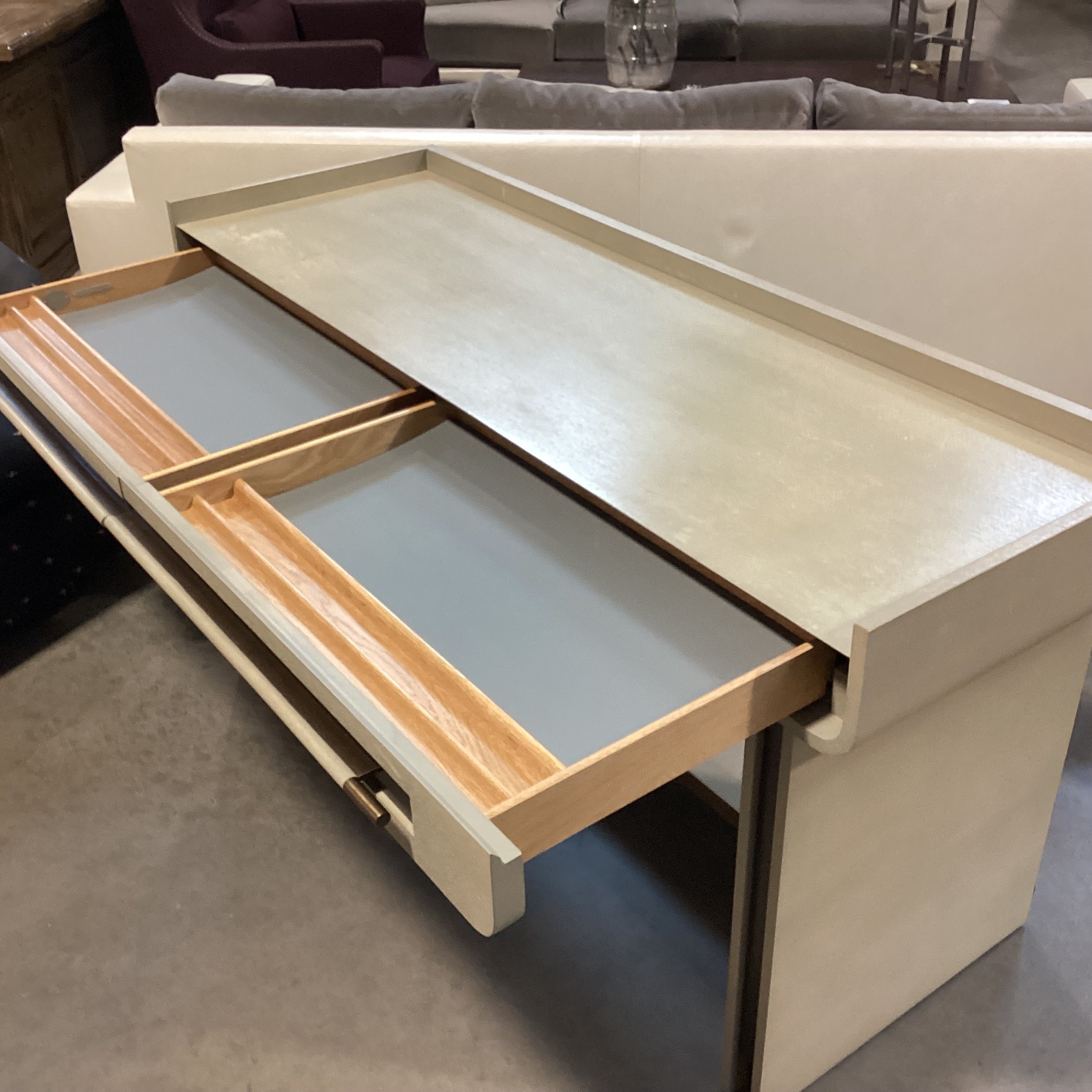 Barbara Barry for Baker Furniture Sage Grey Washed Wood & Veneer with Leather Lined Softclose Drawers Desk 62"x 22"x 32"