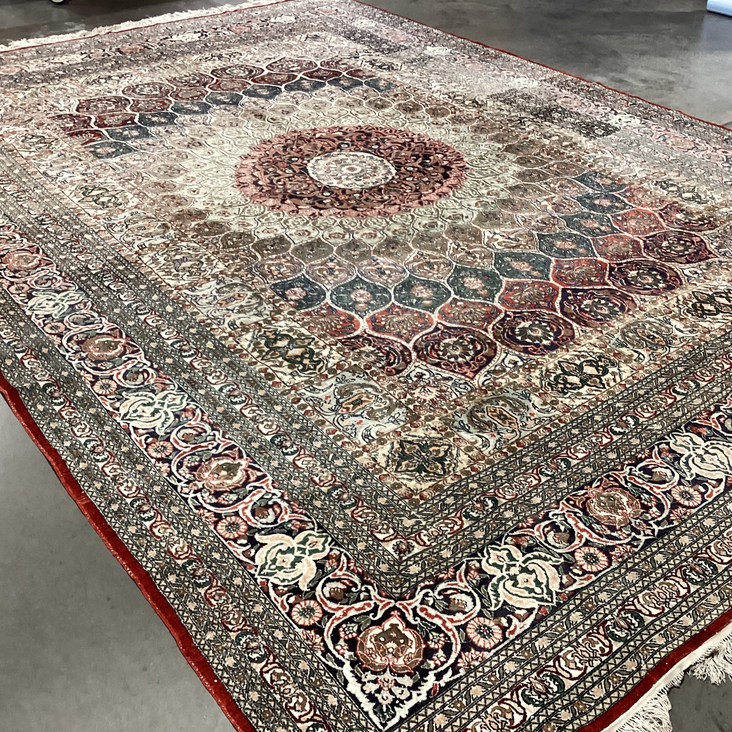 Ivory Rust Coral Blue Green Hand Woven Silk Rug 9'10"x 15.5"