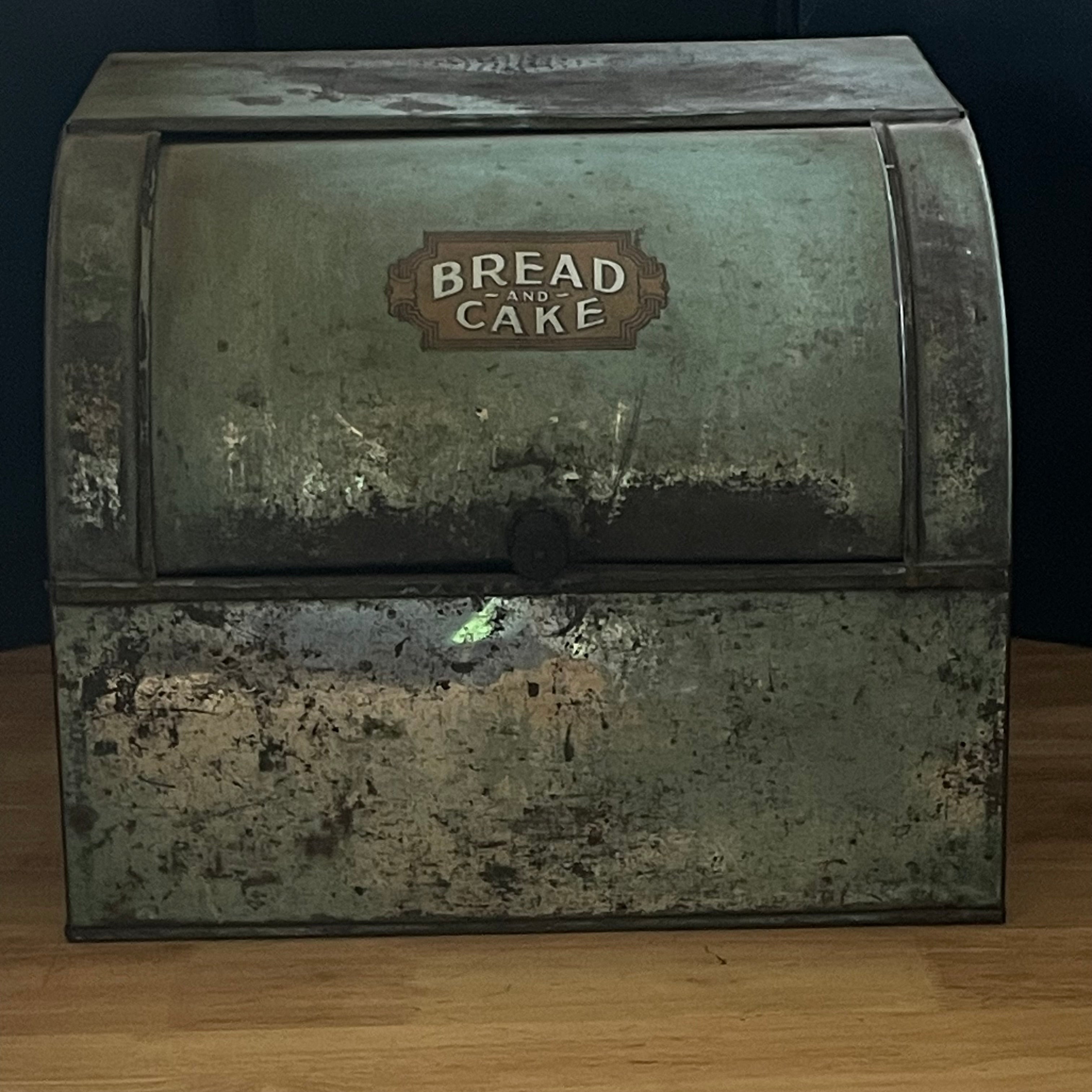 Antique Green Metal Bread & Cake Box with Sliding Lid, 13.25"x 11"x 10.5"