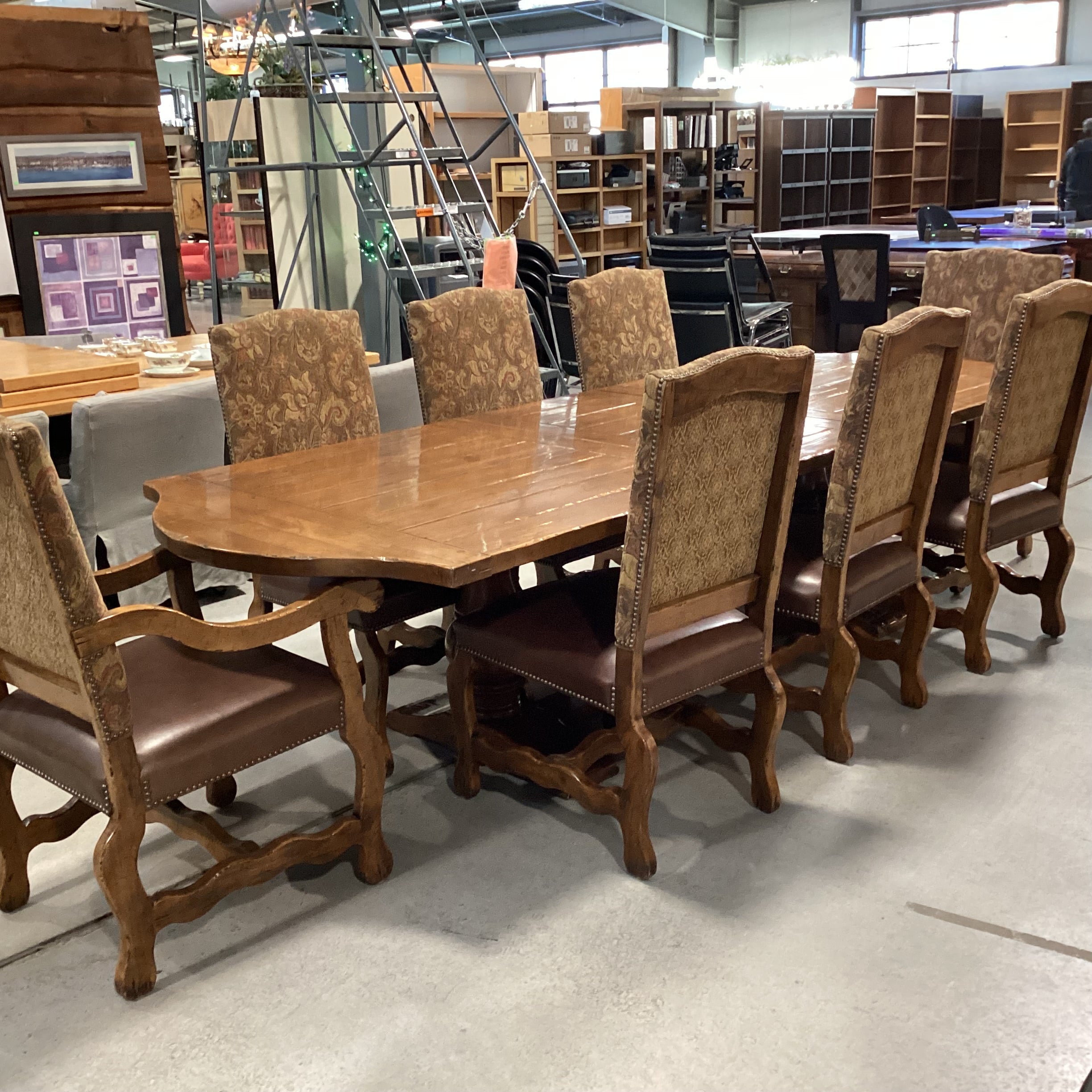Distressed Finished Wood with Leaf & 8 Carved Wood Leather & Upholstery Chairs Dining Set 120"x 44"x 30"